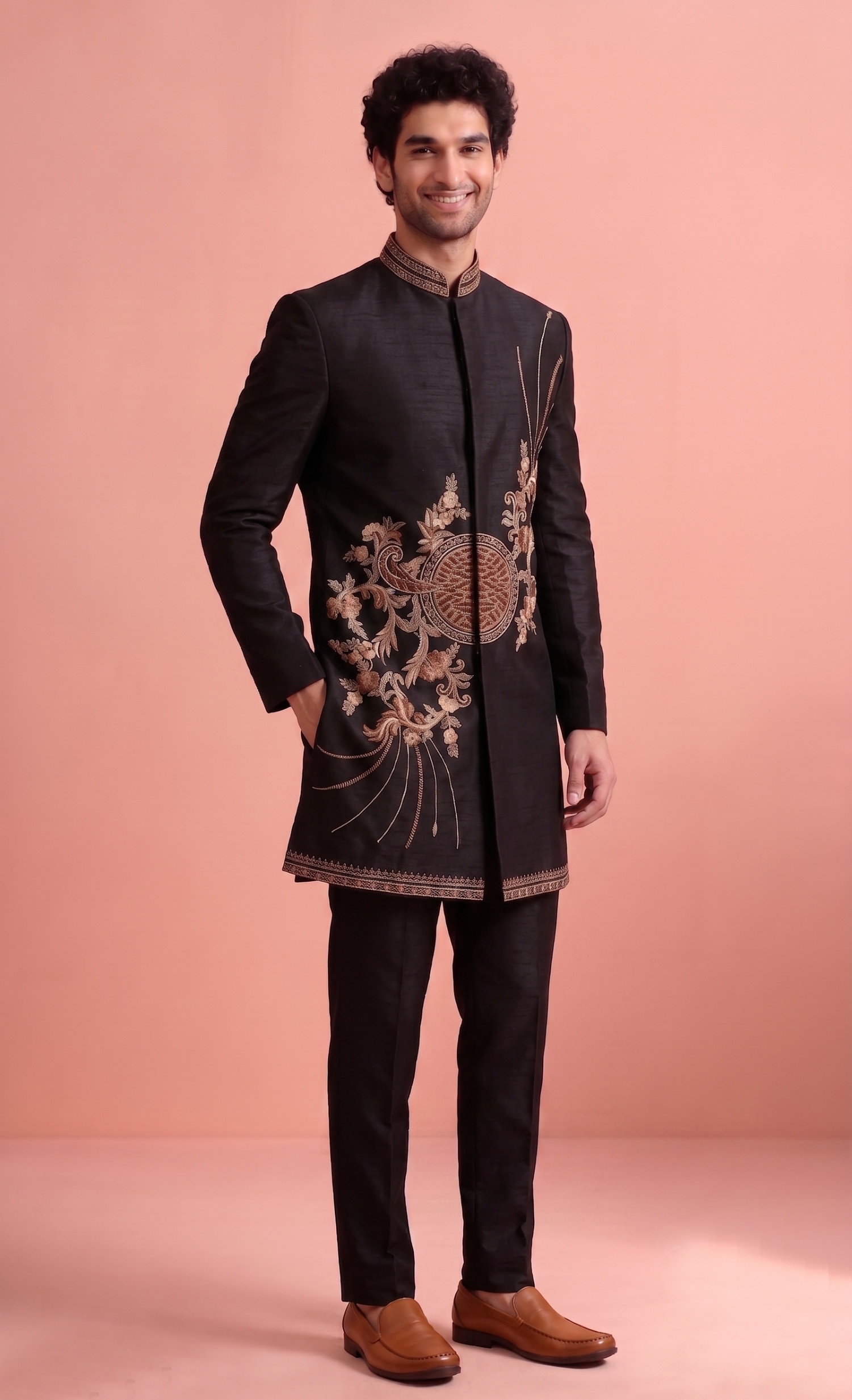 Black Embroidered Satin Indo-Western Sherwani