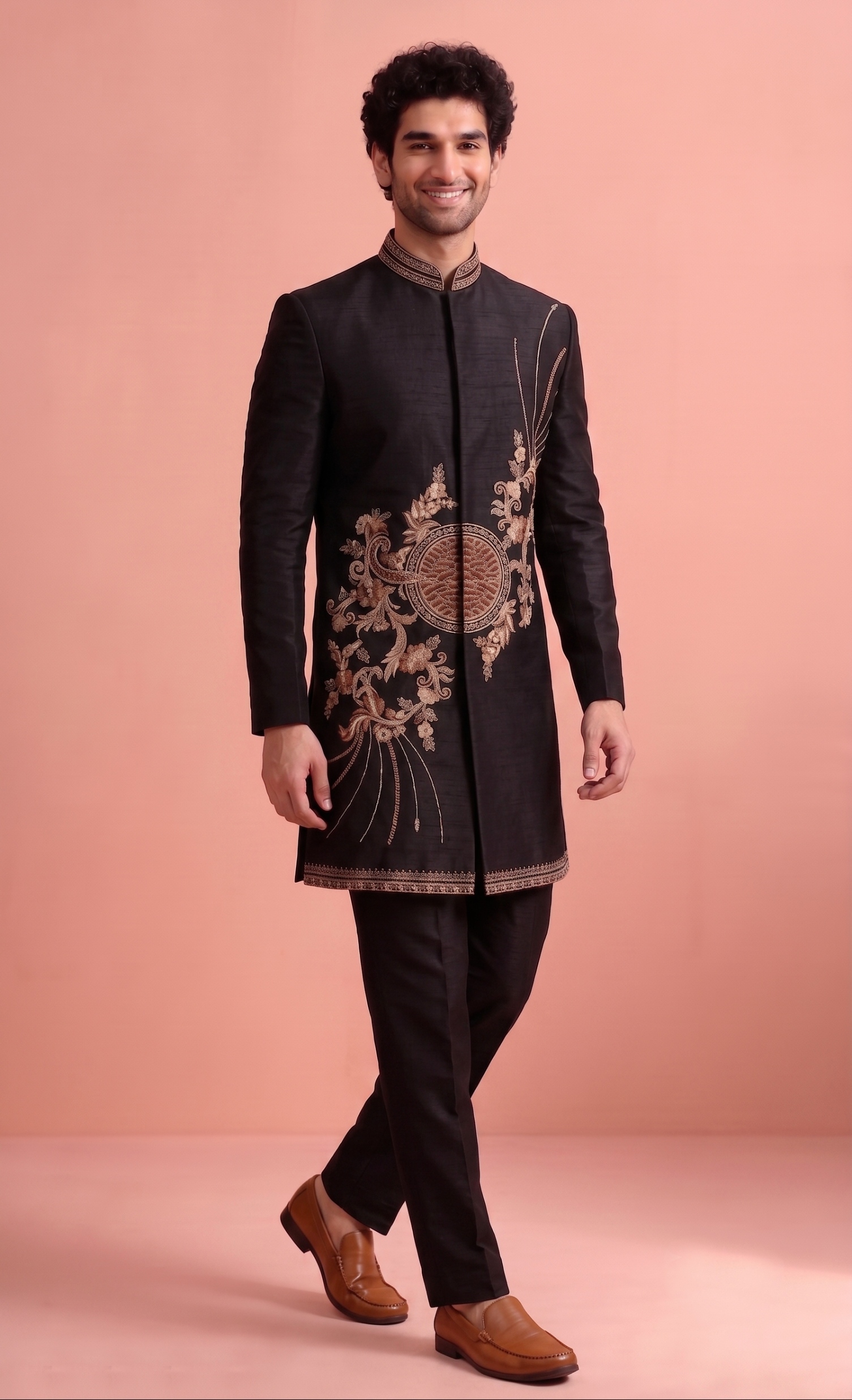 Black Embroidered Satin Indo-Western Sherwani