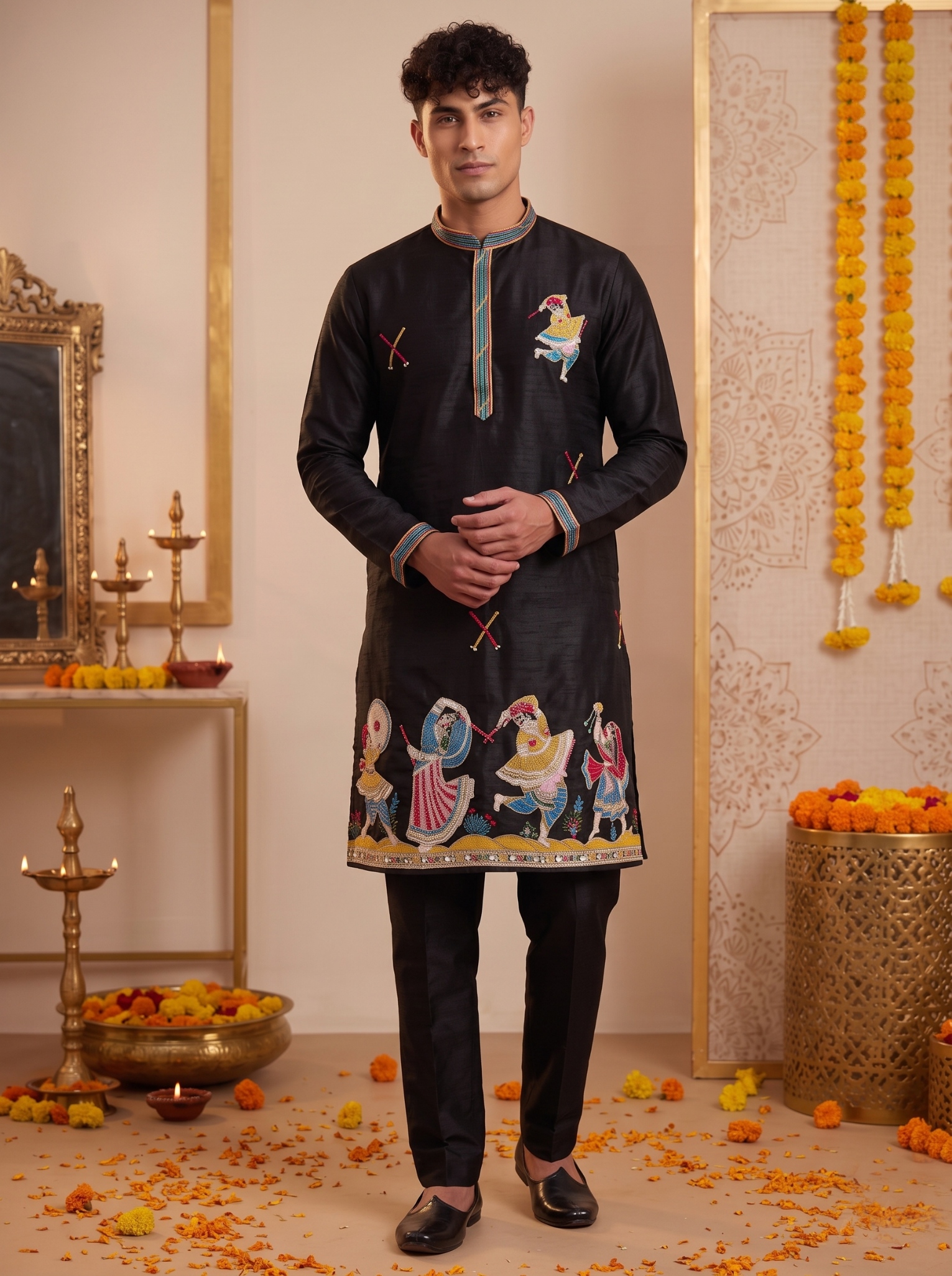 Black Embroidered Synthetic Silk Kurta Pyjama