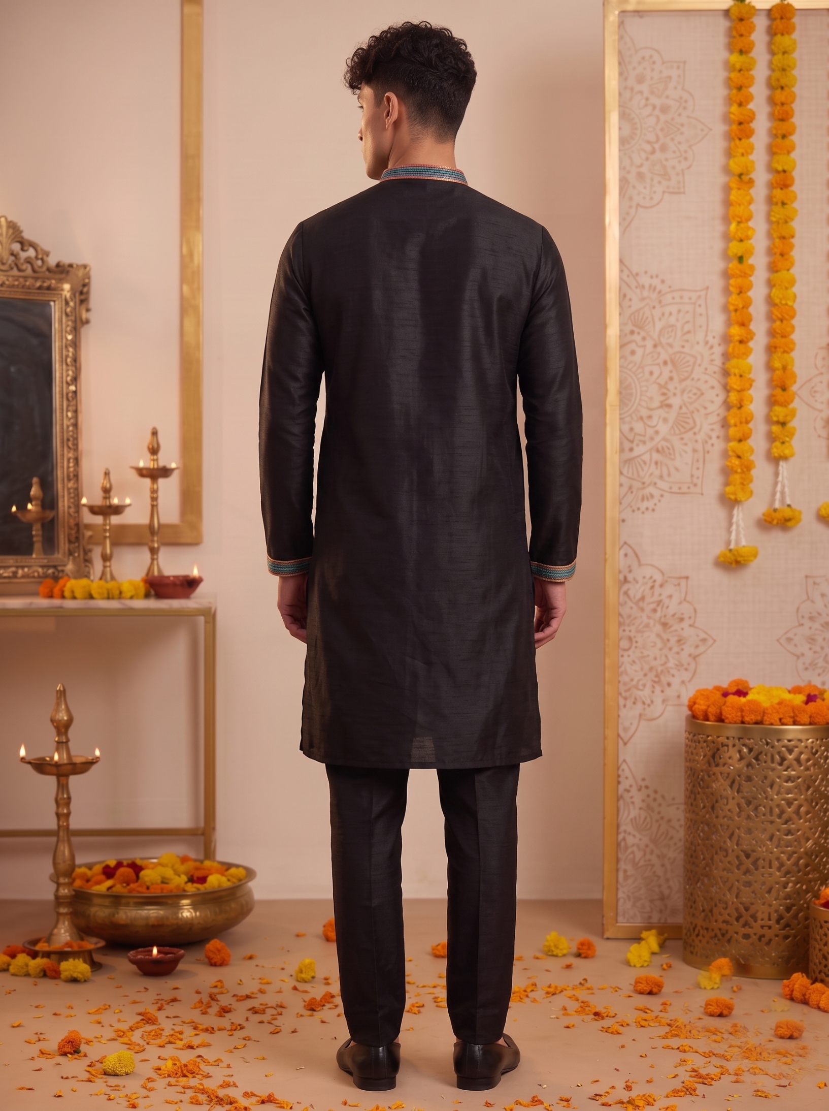Black Embroidered Synthetic Silk Kurta Pyjama — alternate view