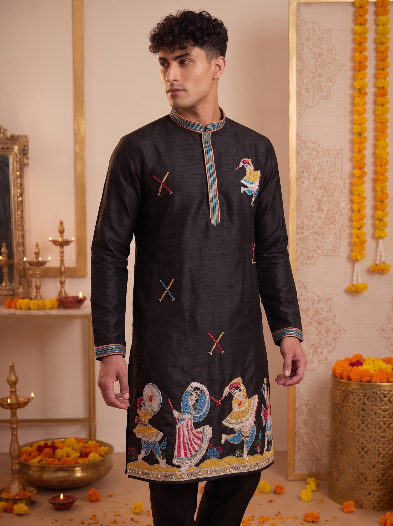 Black Embroidered Synthetic Silk Kurta Pyjama