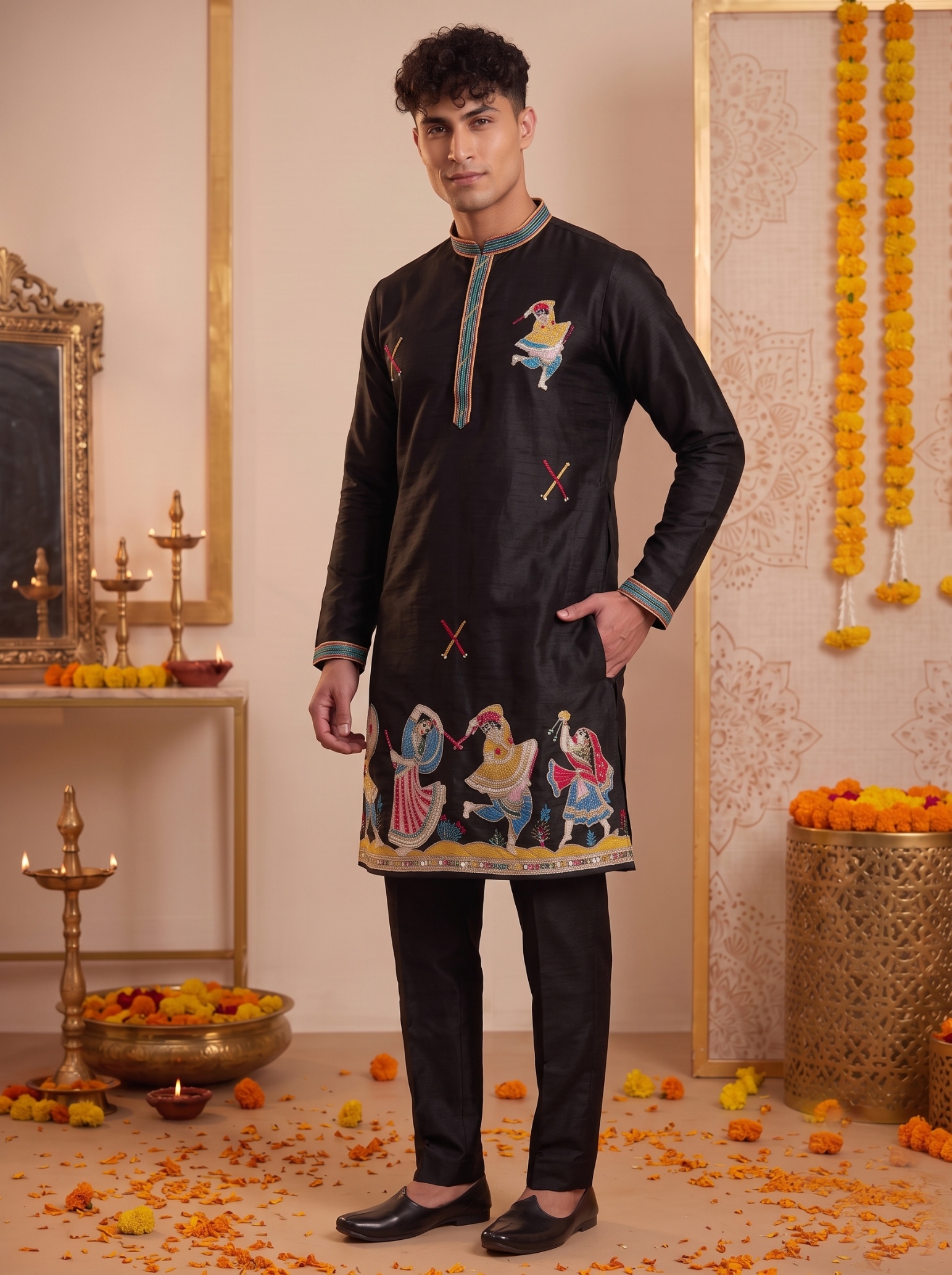 Black Embroidered Synthetic Silk Kurta Pyjama