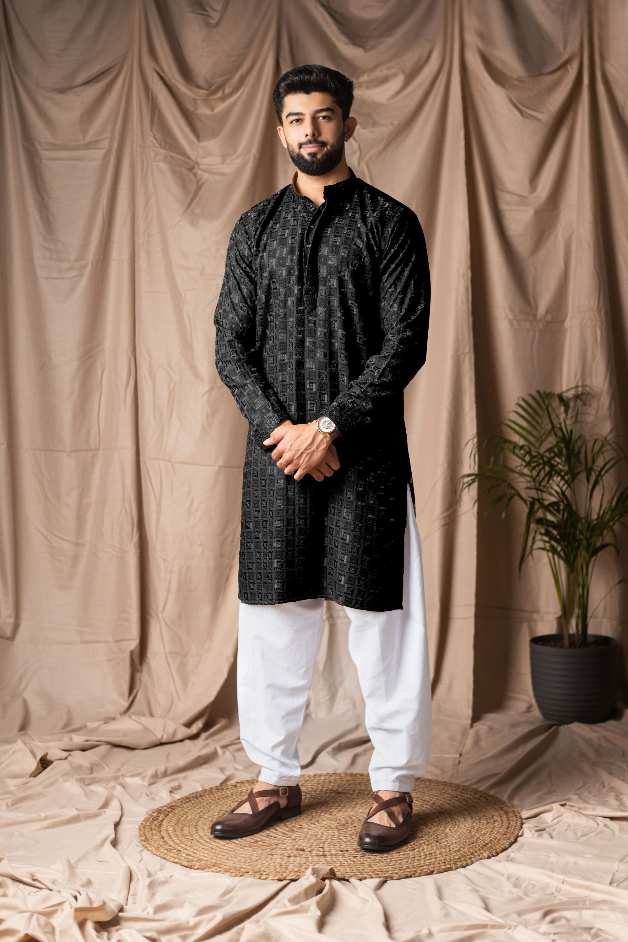 Black Embroidered Viscose Rayon Kurta Pyjama