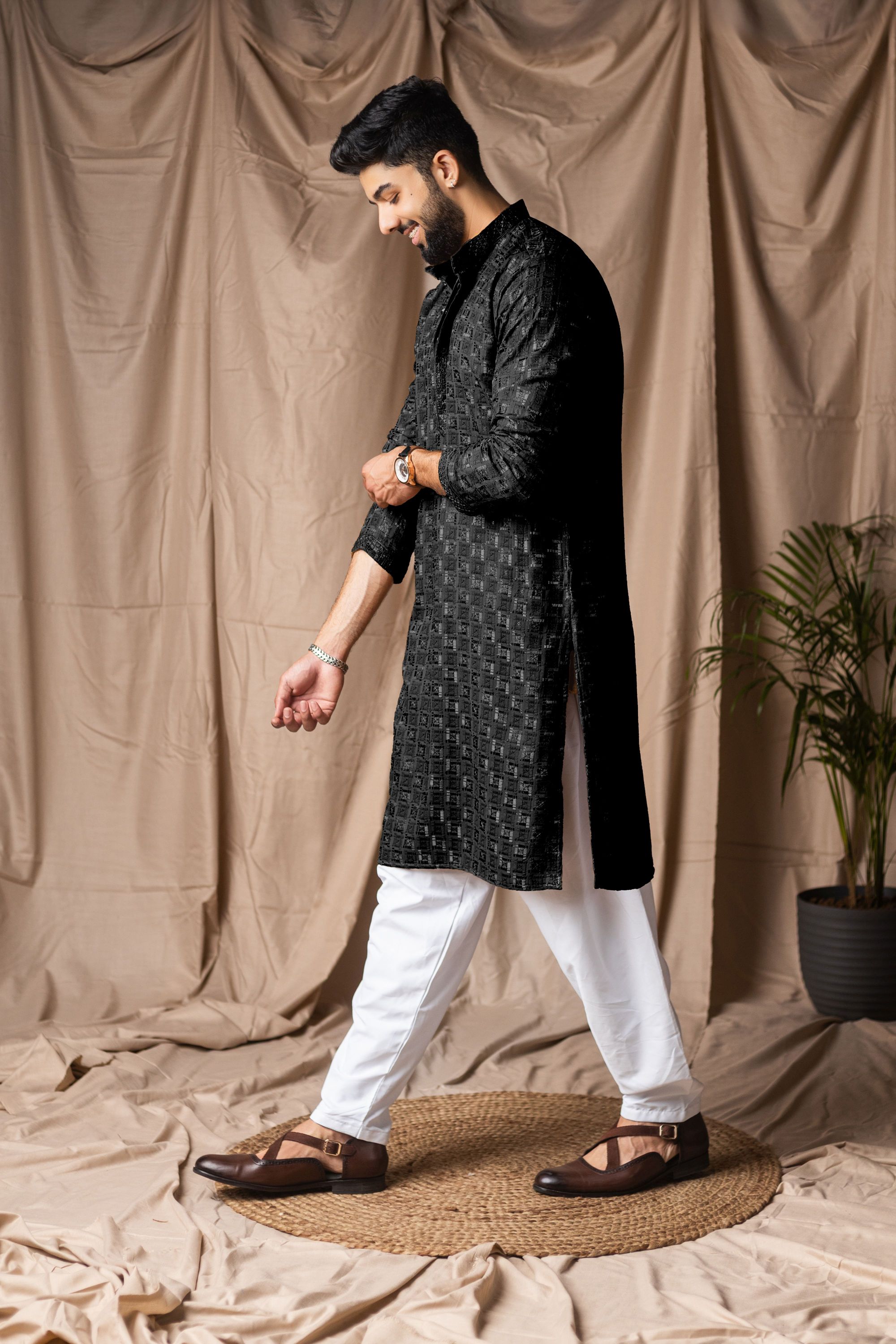 Black Embroidered Viscose Rayon Kurta Pyjama