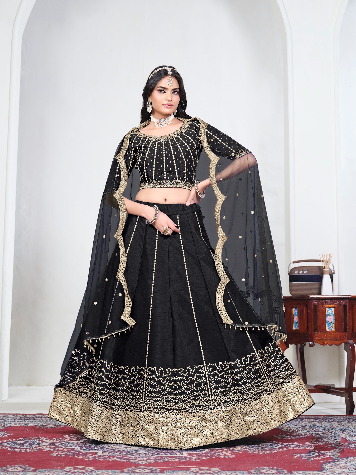 Black Embroidery Art Silk Bridal Lehenga