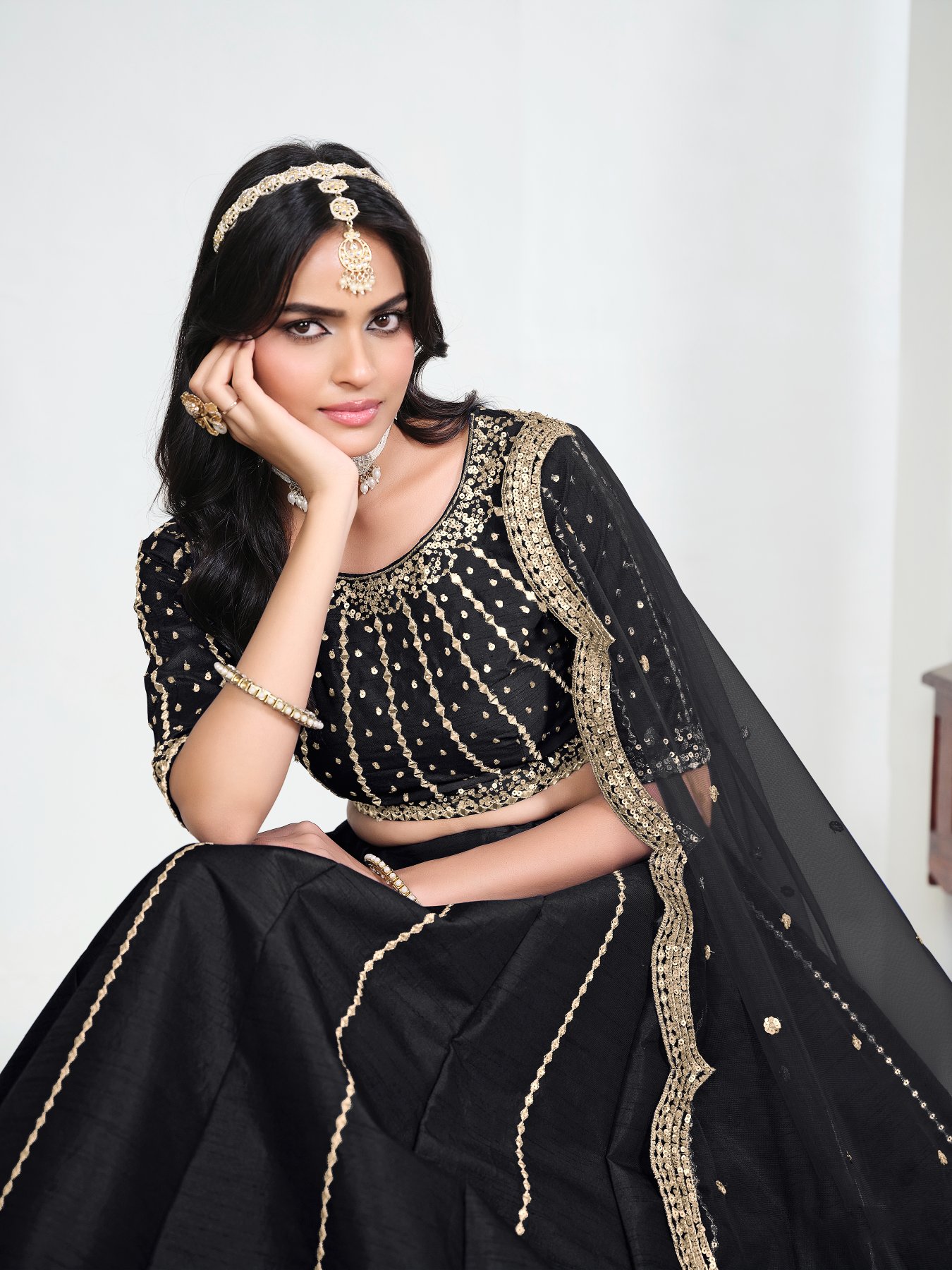 Black Embroidery Art Silk Bridal Lehenga