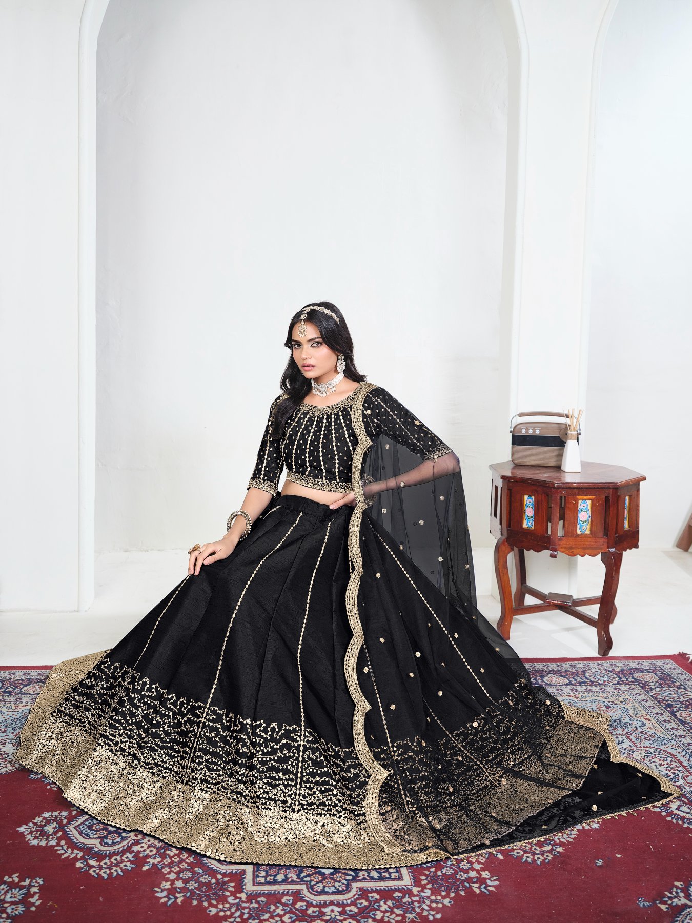 Black Embroidery Art Silk Bridal Lehenga