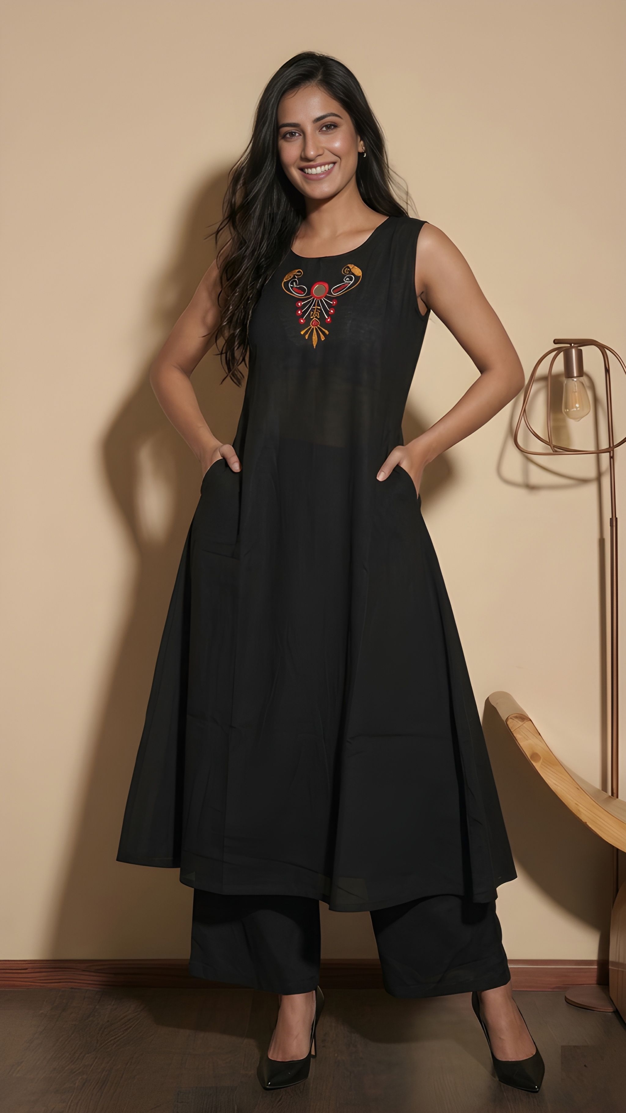Black Embroidery Soft Cotton A-Line Kurta Set