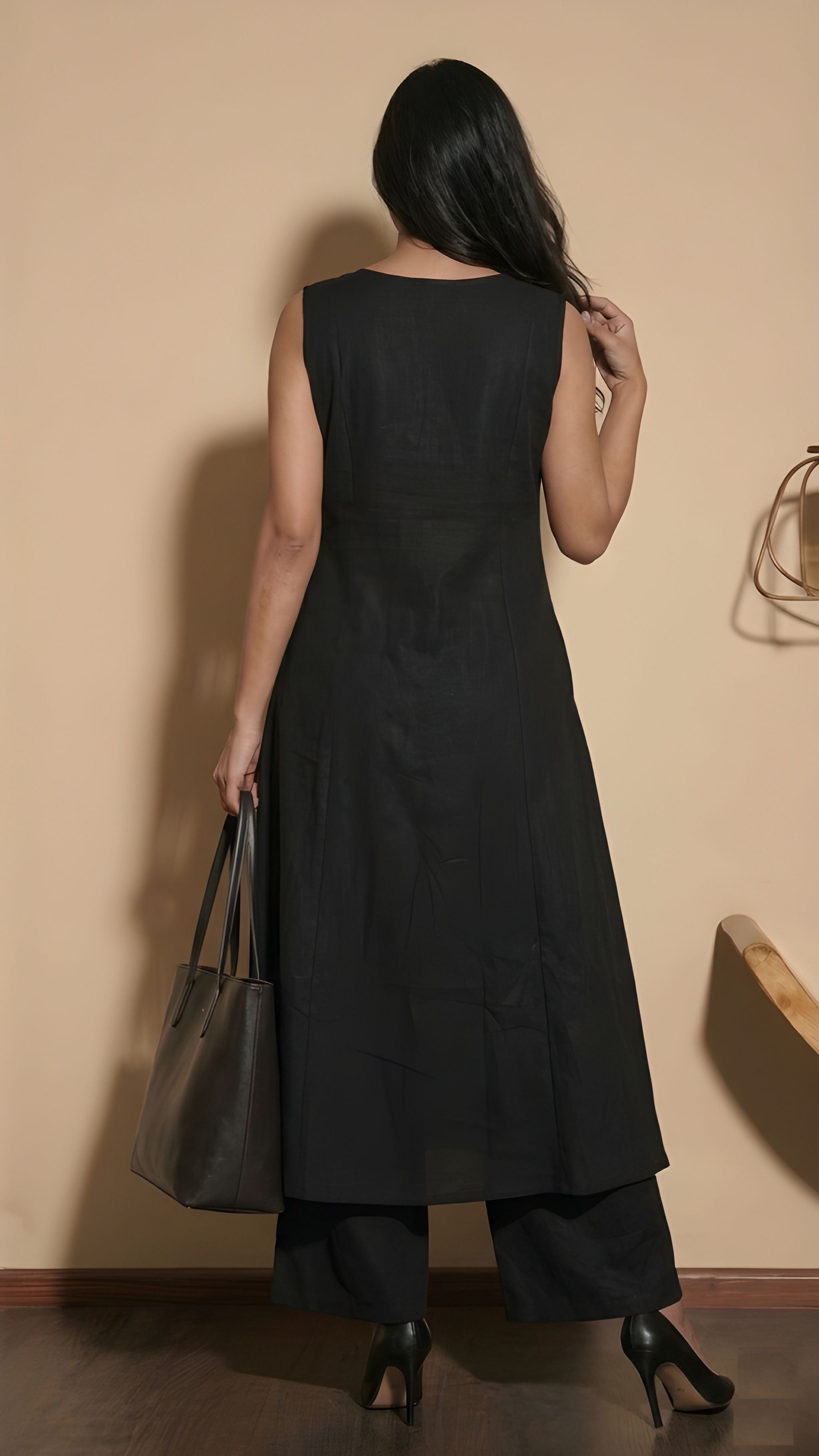 Black Embroidery Soft Cotton A-Line Kurta Set — alternate view