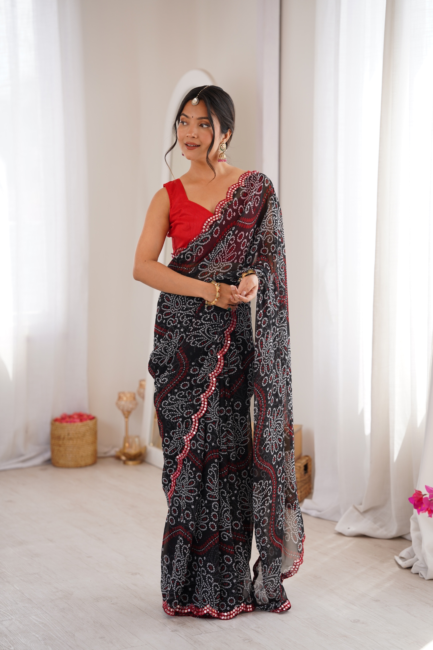 Black Ethnic Motif Bandhani Georgette Saree