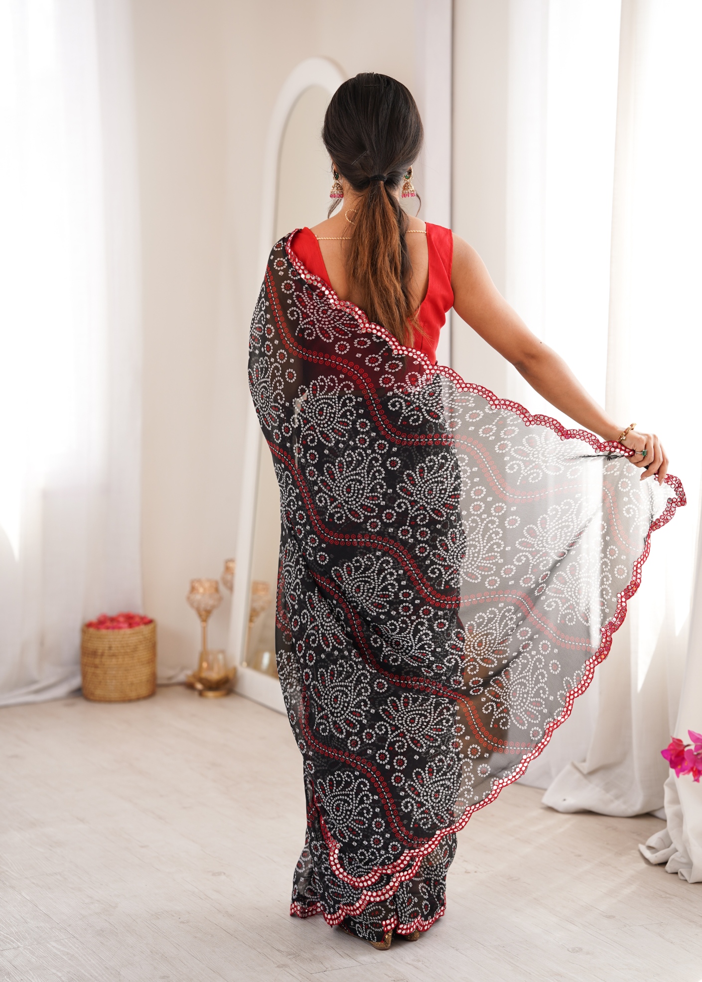 Black Ethnic Motif Bandhani Georgette Saree — alternate view
