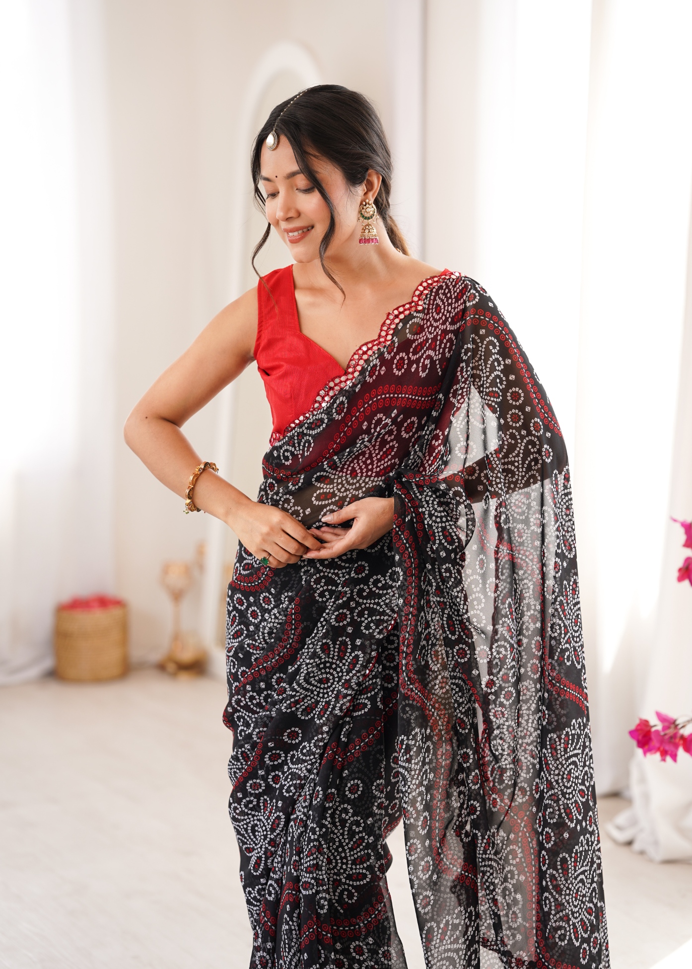 Black Ethnic Motif Bandhani Georgette Saree