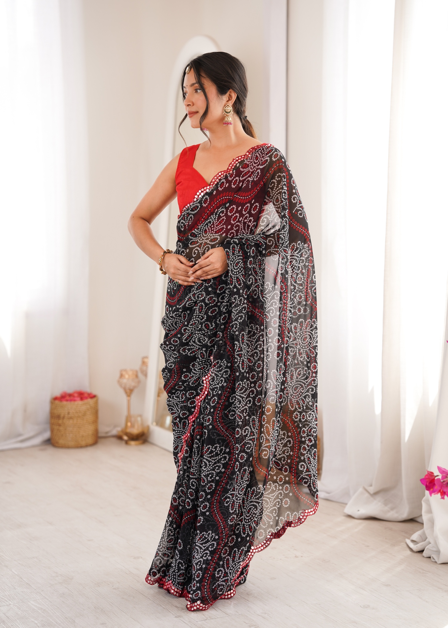 Black Ethnic Motif Bandhani Georgette Saree