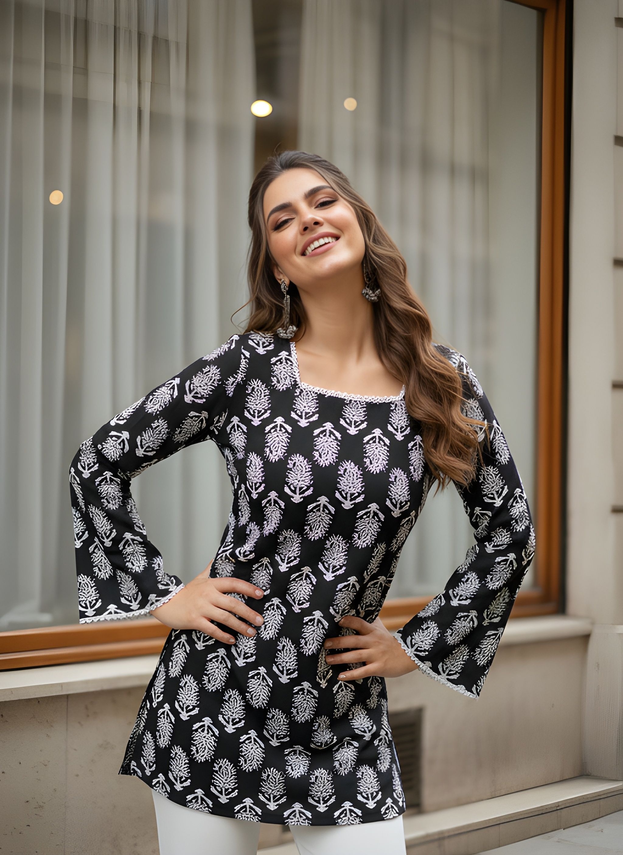 Black Ethnic Print Cotton Kurti