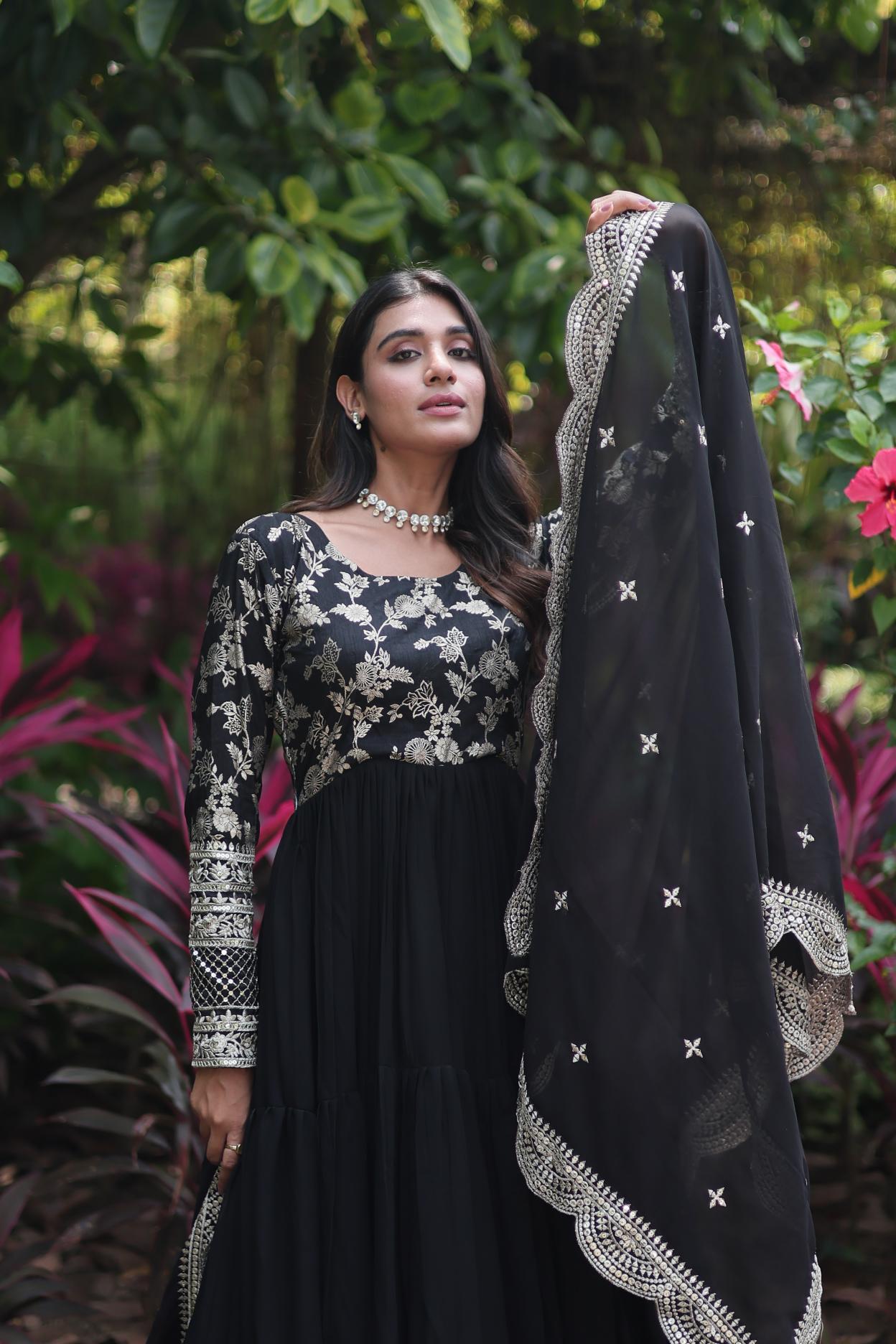 Black Faux Georgette N Viscose Gown