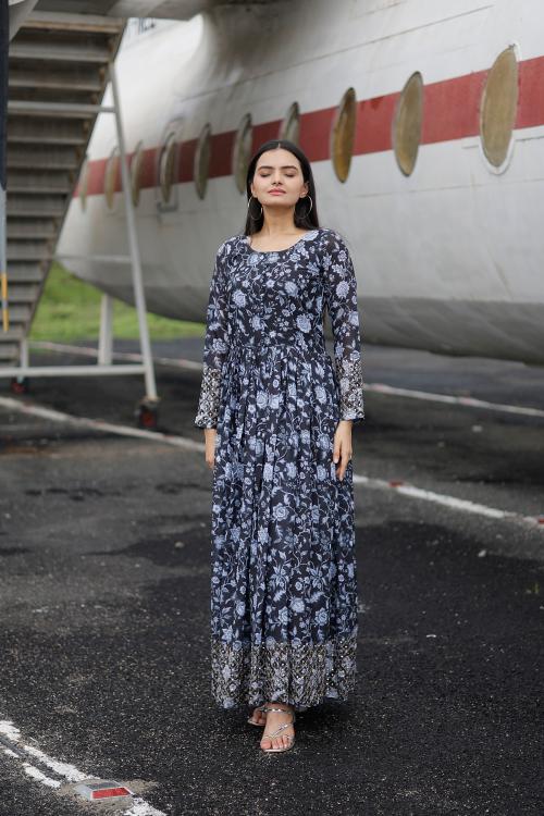 Black Faux Georgette Printed Gown