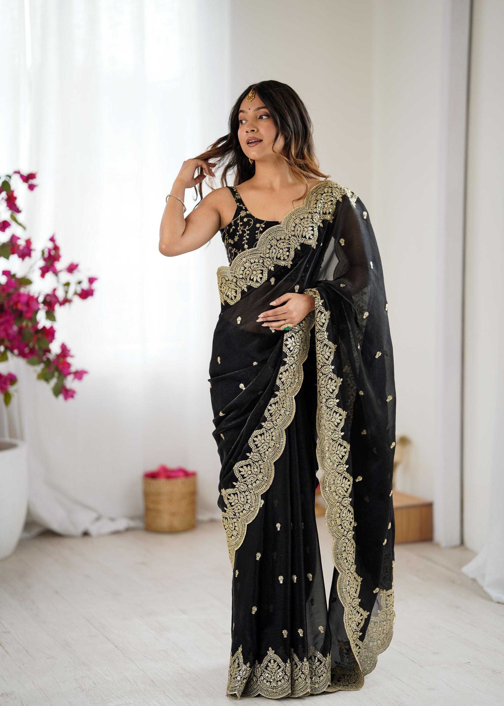 Black Fendi Chiffon Two-Tone Embroidered Fendi Chiffon Saree