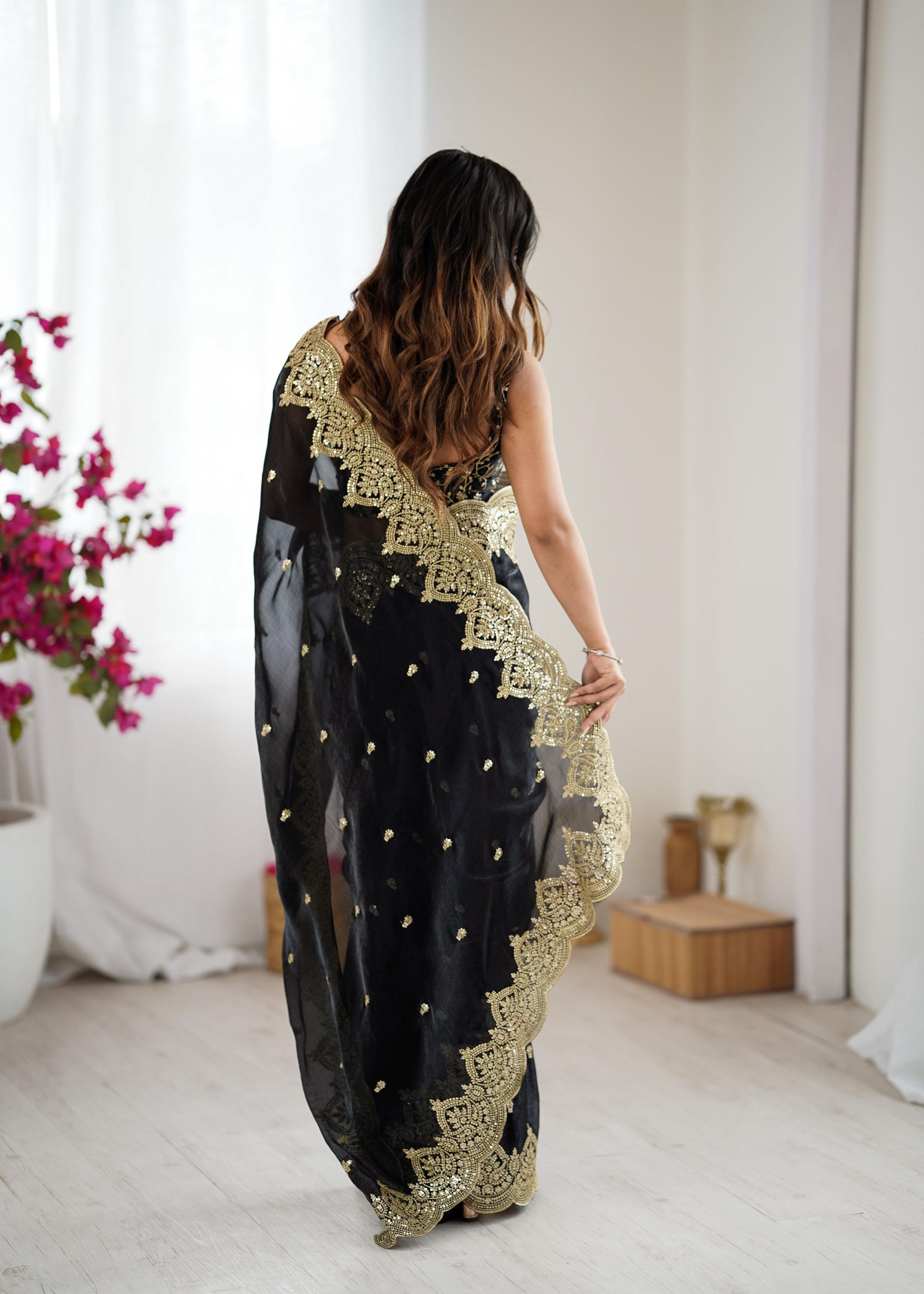 Black Fendi Chiffon Two-Tone Embroidered Fendi Chiffon Saree — alternate view