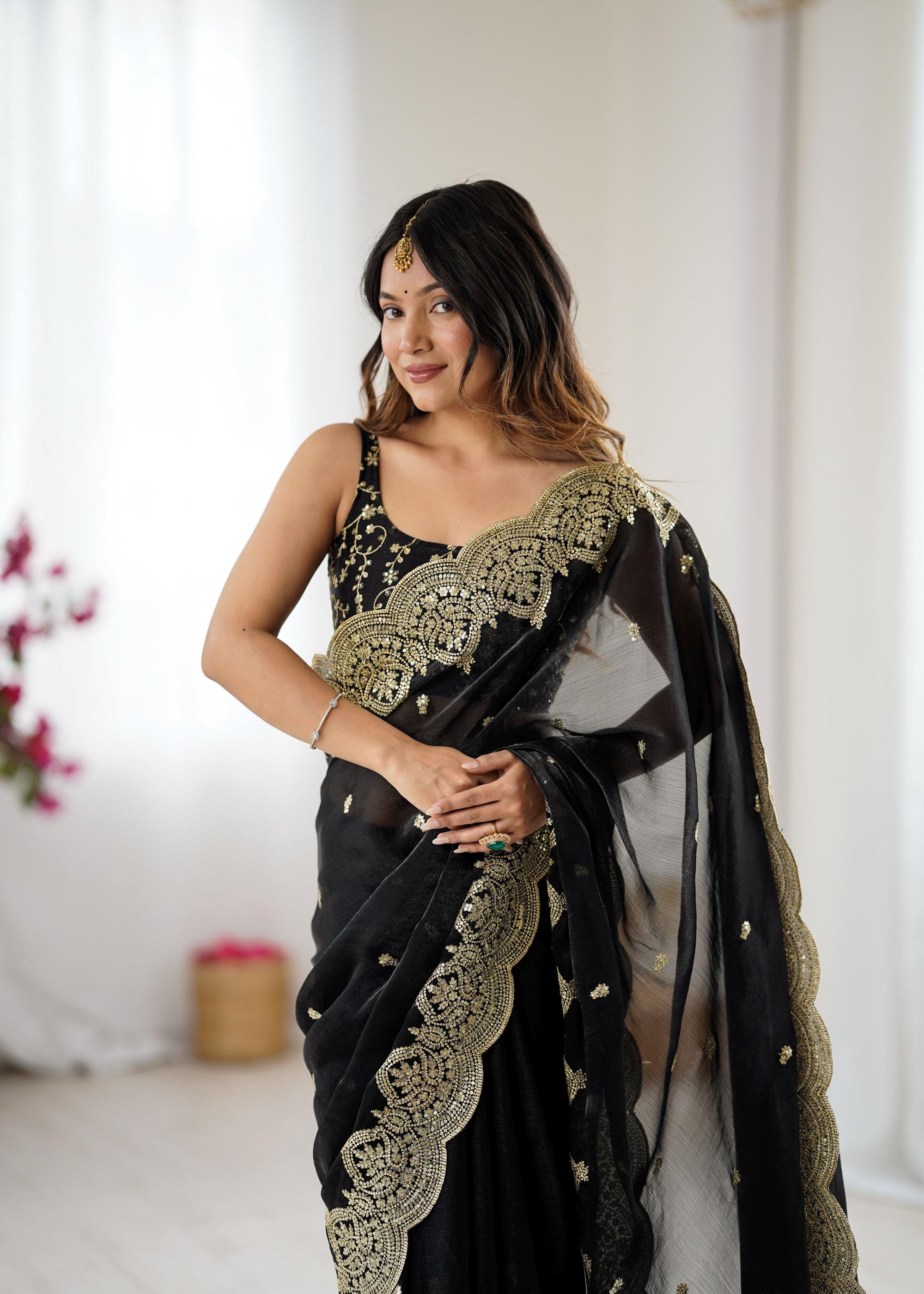 Black Fendi Chiffon Two-Tone Embroidered Fendi Chiffon Saree