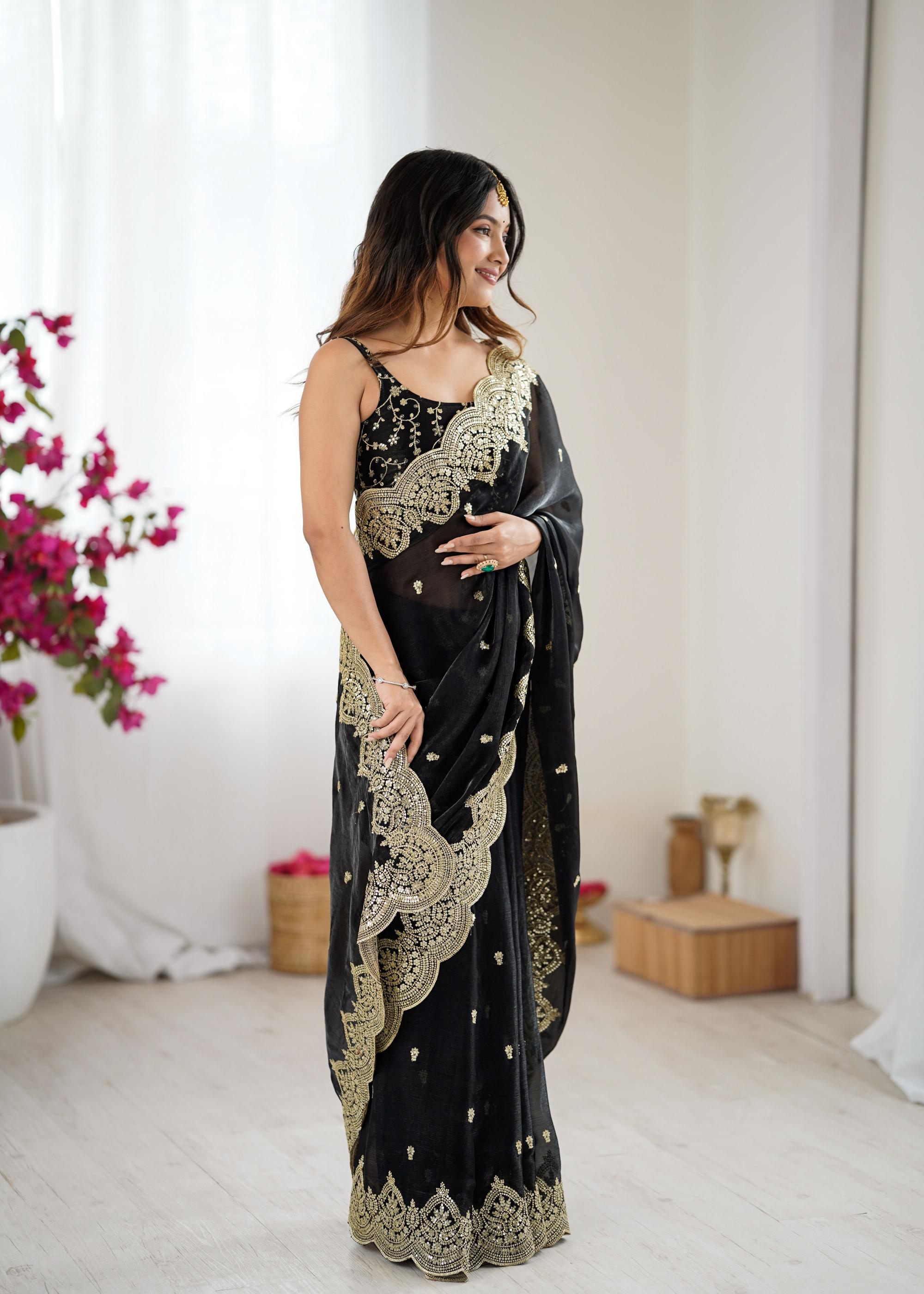 Black Fendi Chiffon Two-Tone Embroidered Fendi Chiffon Saree