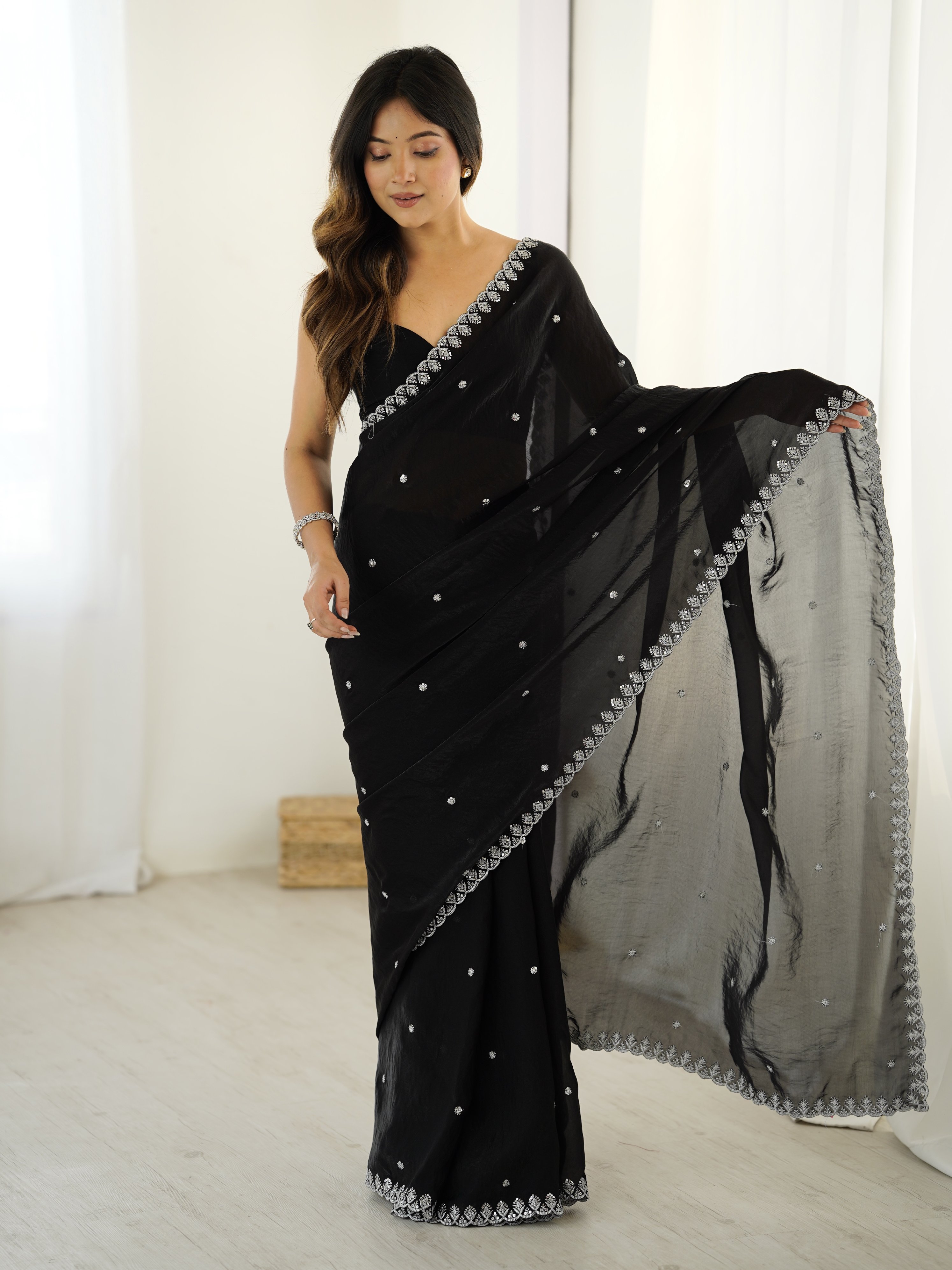 Black Fendi Satin Sequin Embroidered Saree