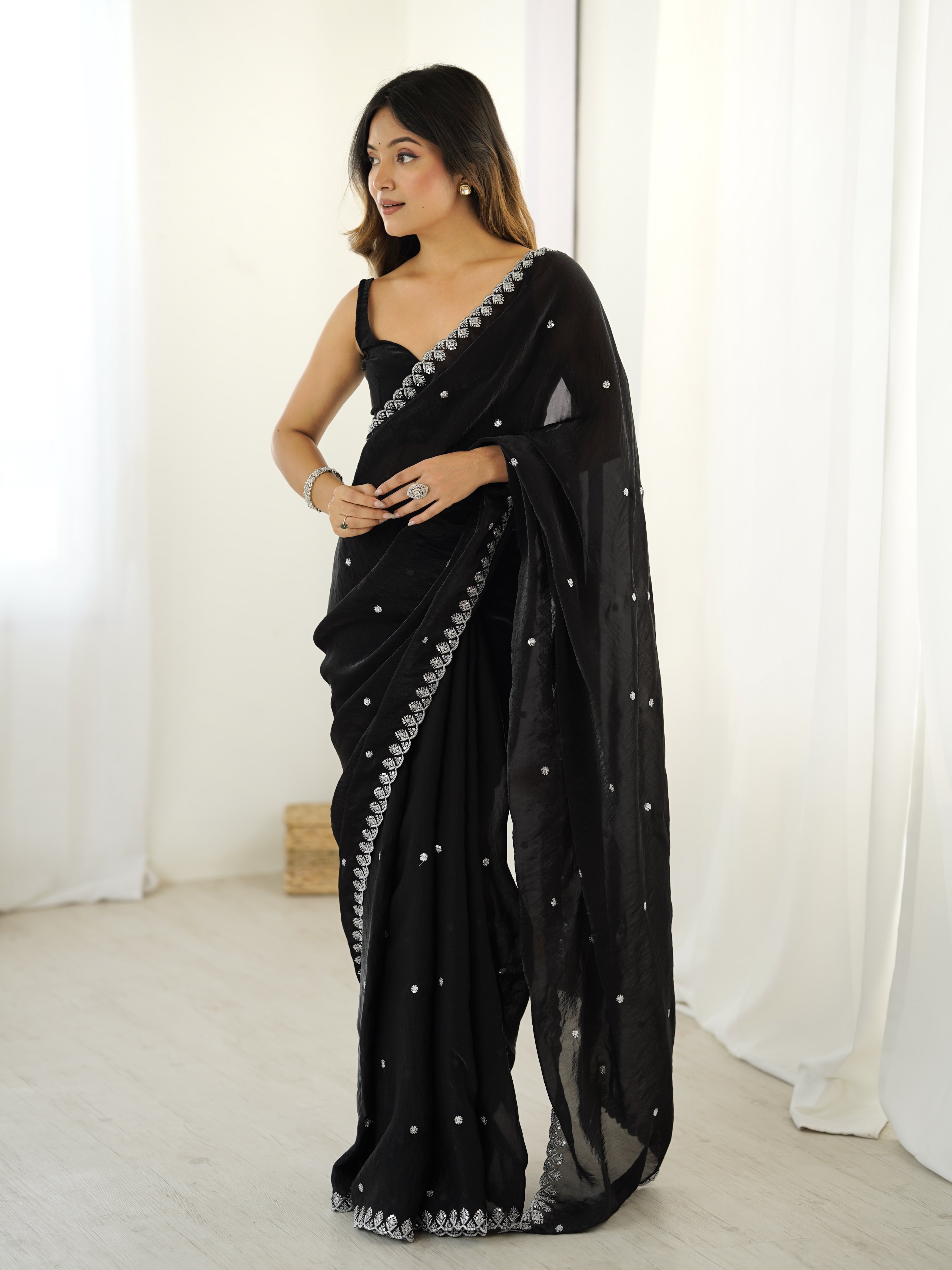 Black Fendi Satin Sequin Embroidered Saree — alternate view