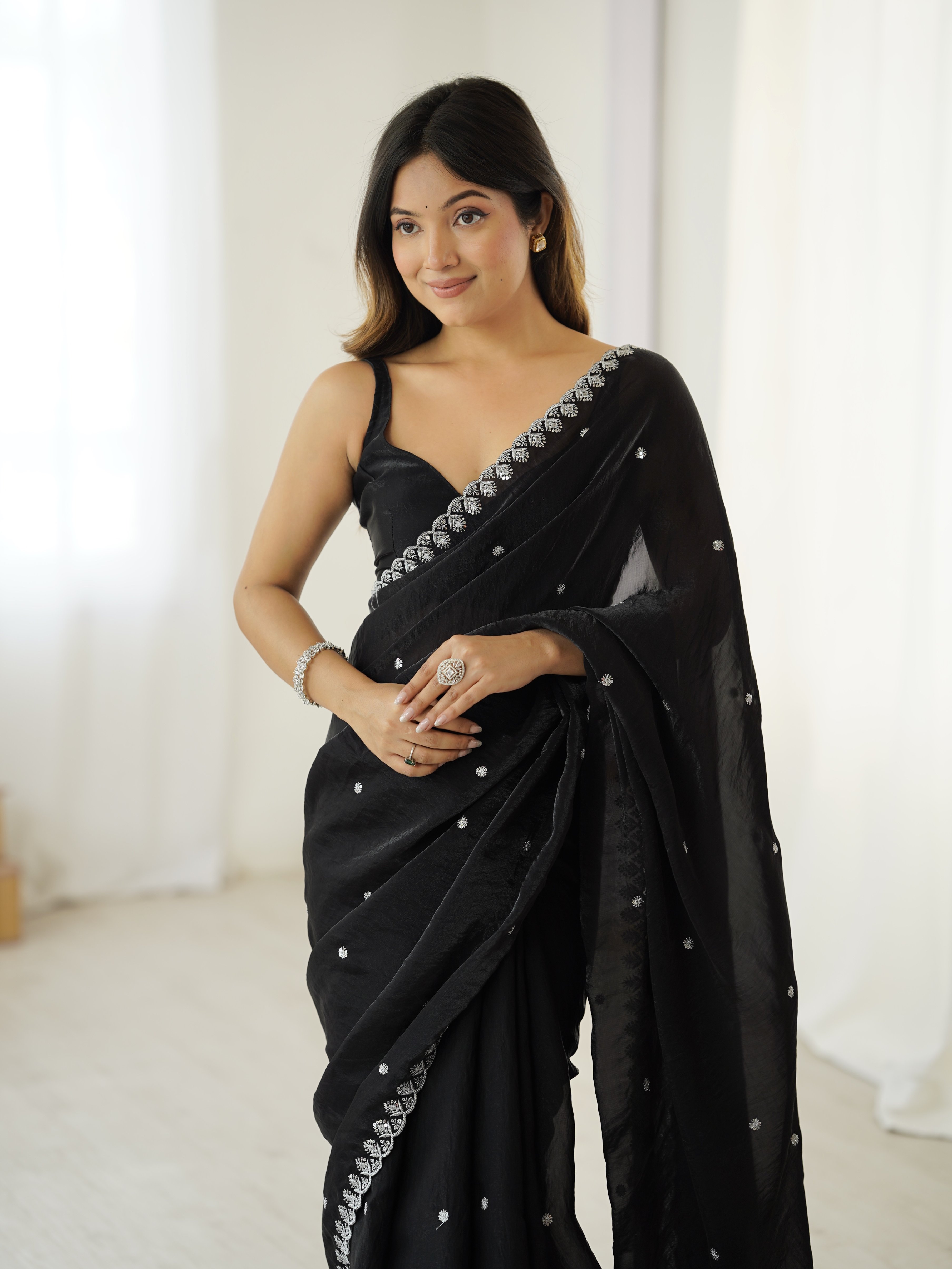 Black Fendi Satin Sequin Embroidered Saree
