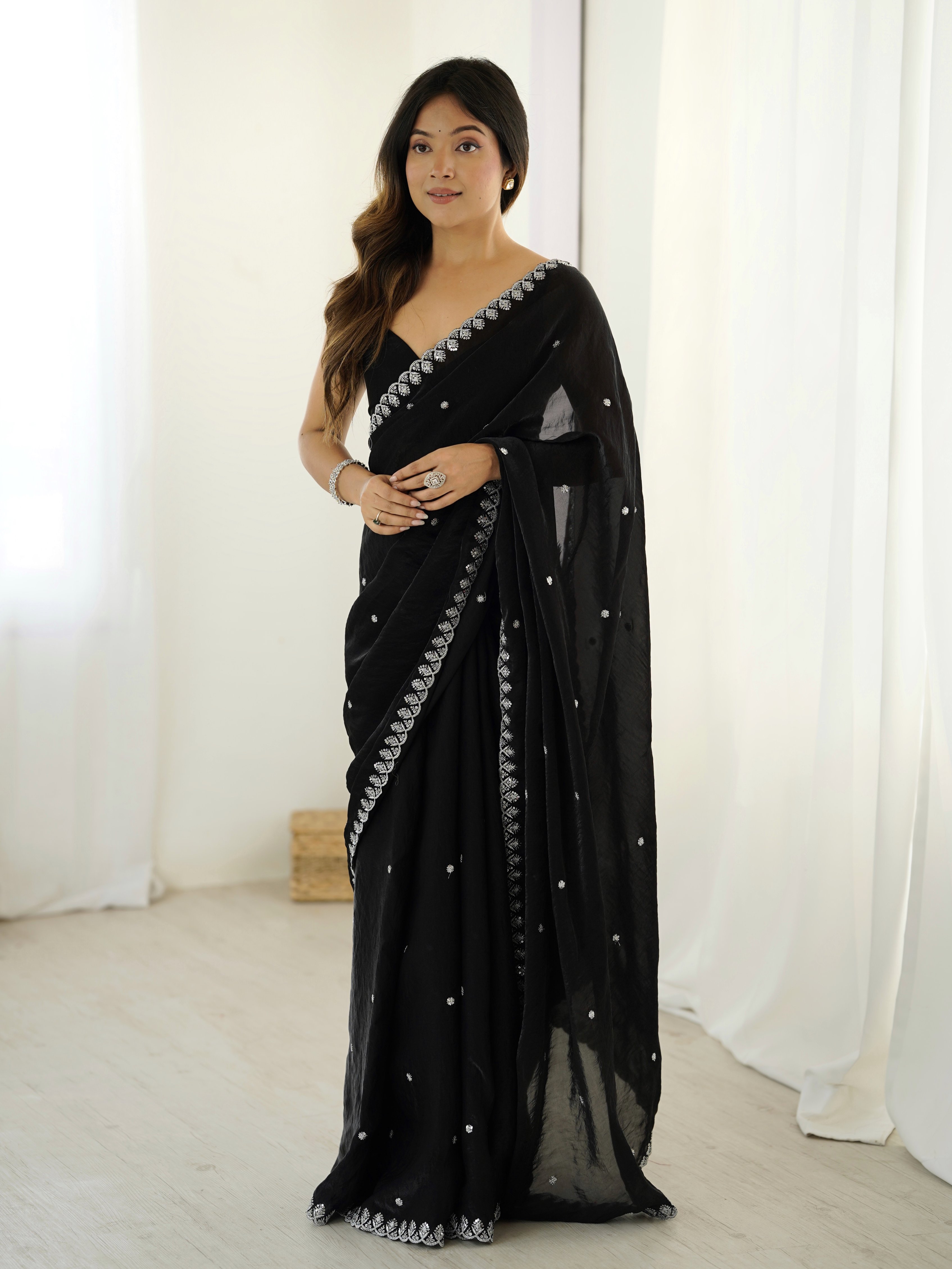 Black Fendi Satin Sequin Embroidered Saree