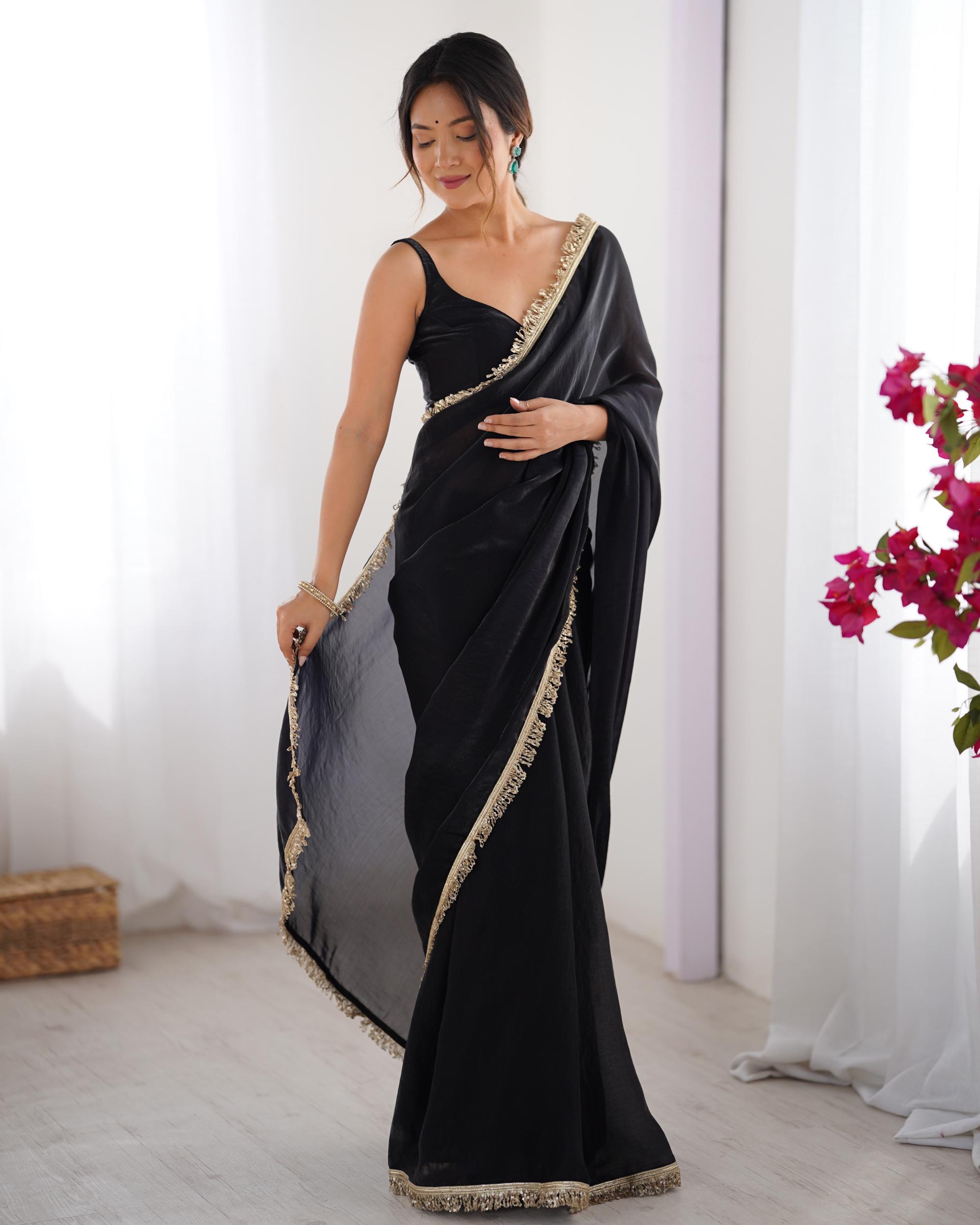 Black Fendy Satin Lace Saree