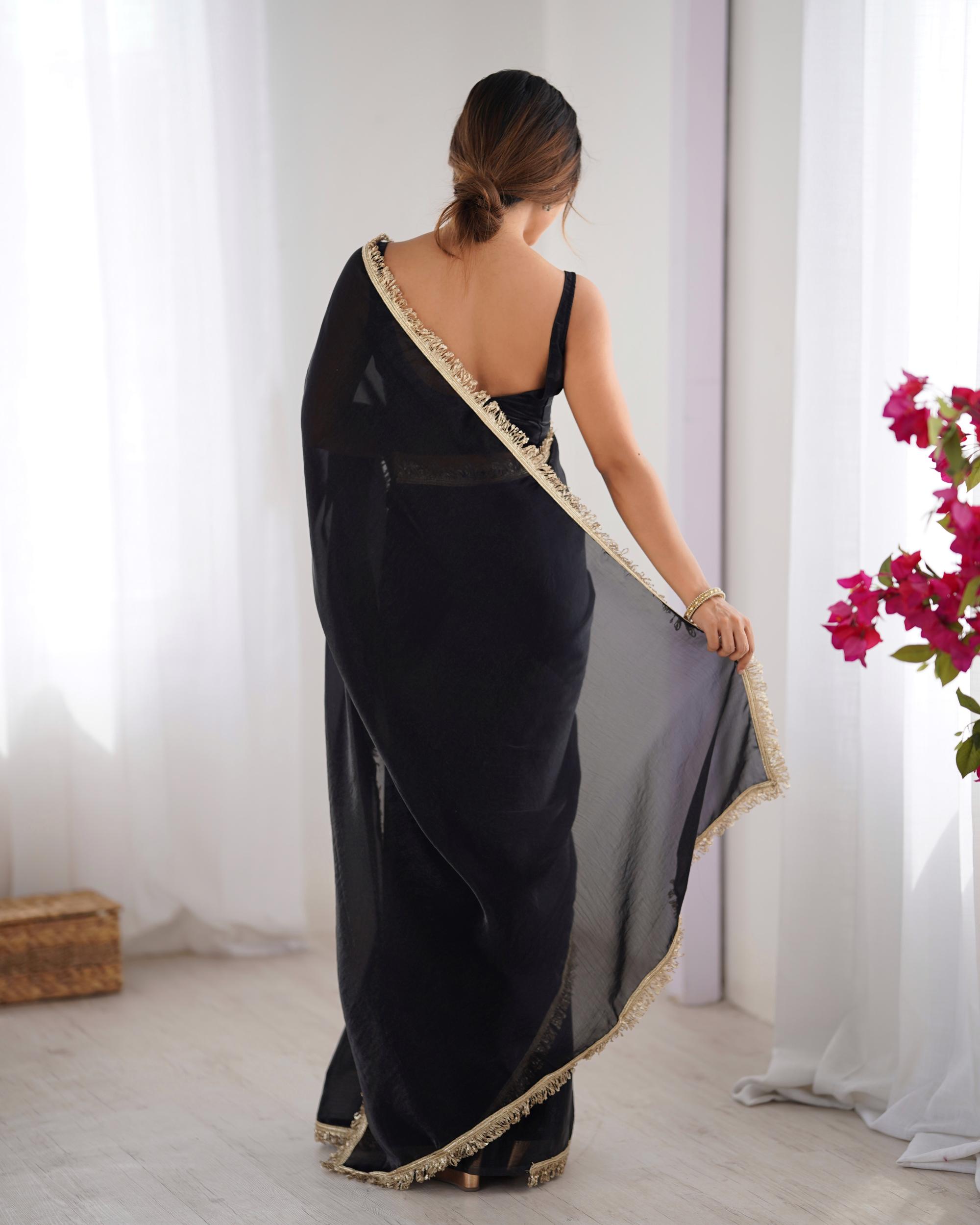 Black Fendy Satin Lace Saree — alternate view