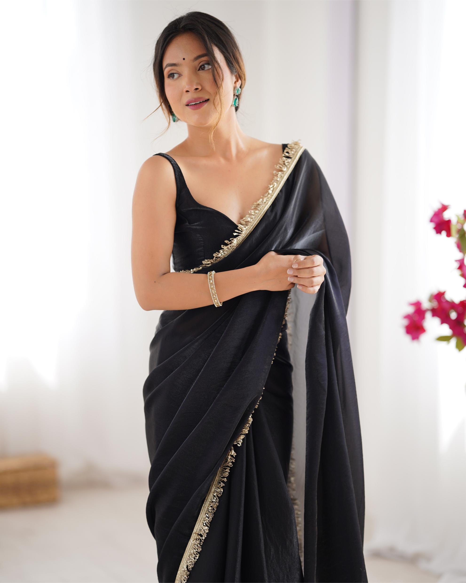 Black Fendy Satin Lace Saree