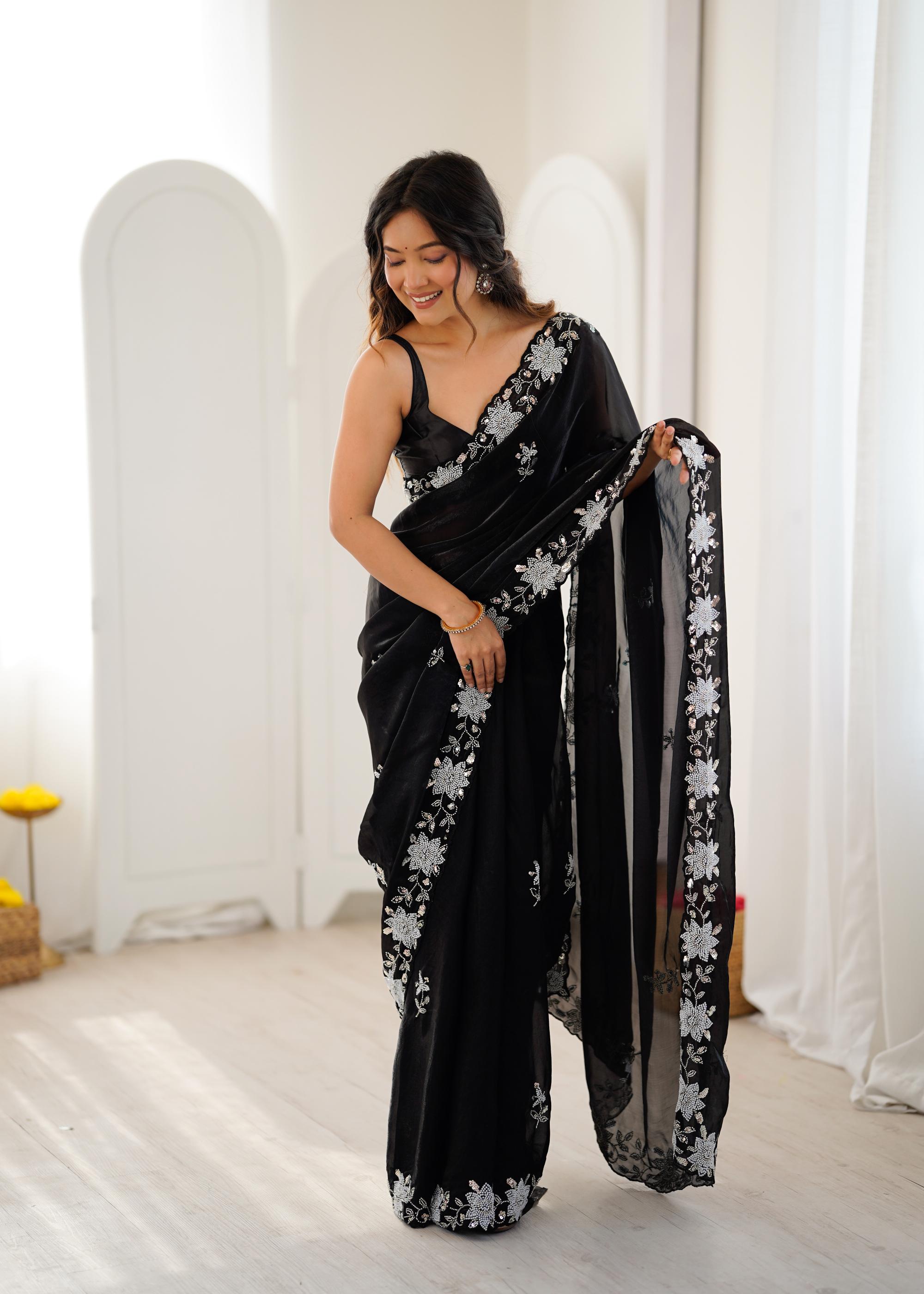 Black Fendy Satin Sequins Moti Cutdana Saree