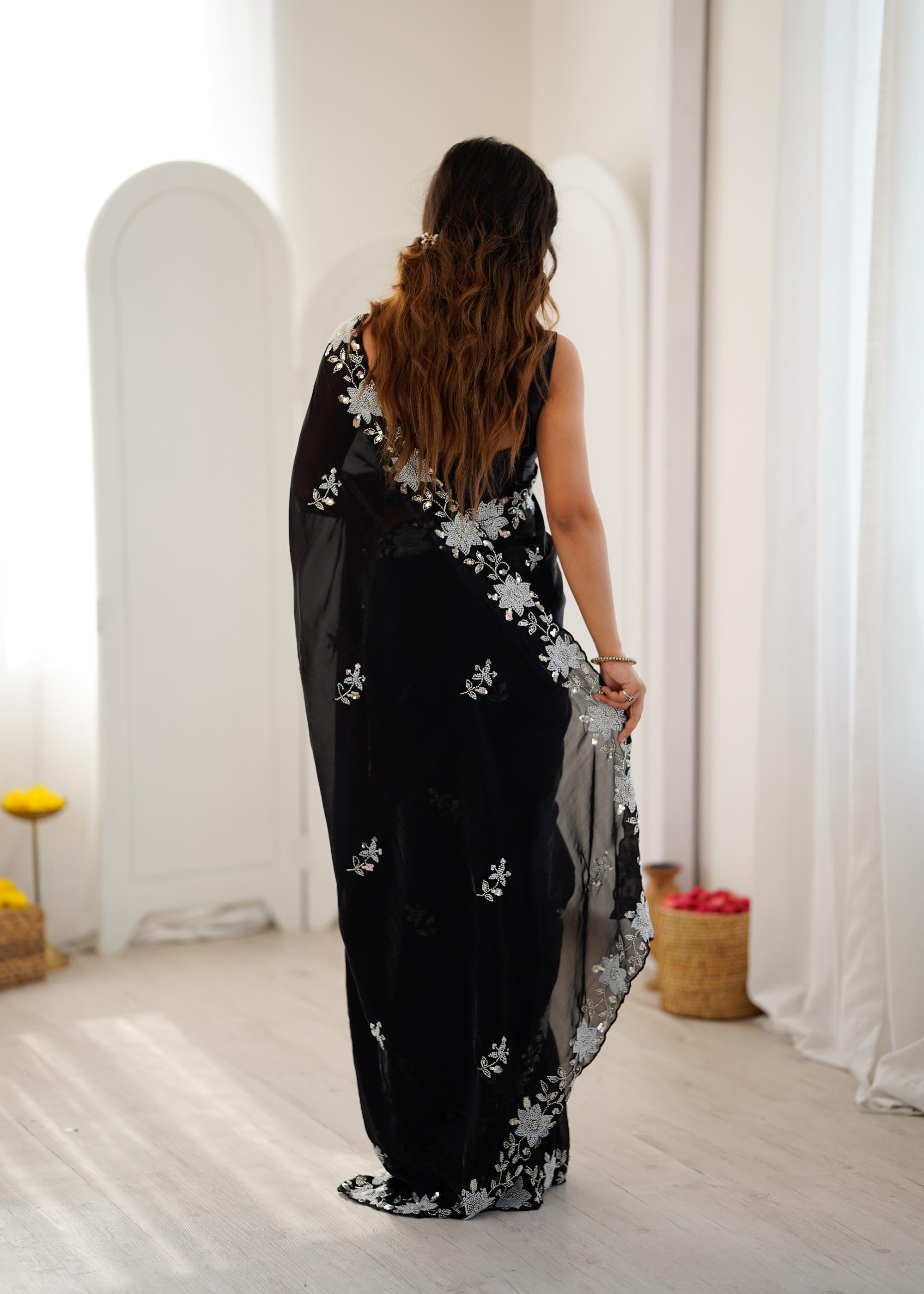 Black Fendy Satin Sequins Moti Cutdana Saree — alternate view