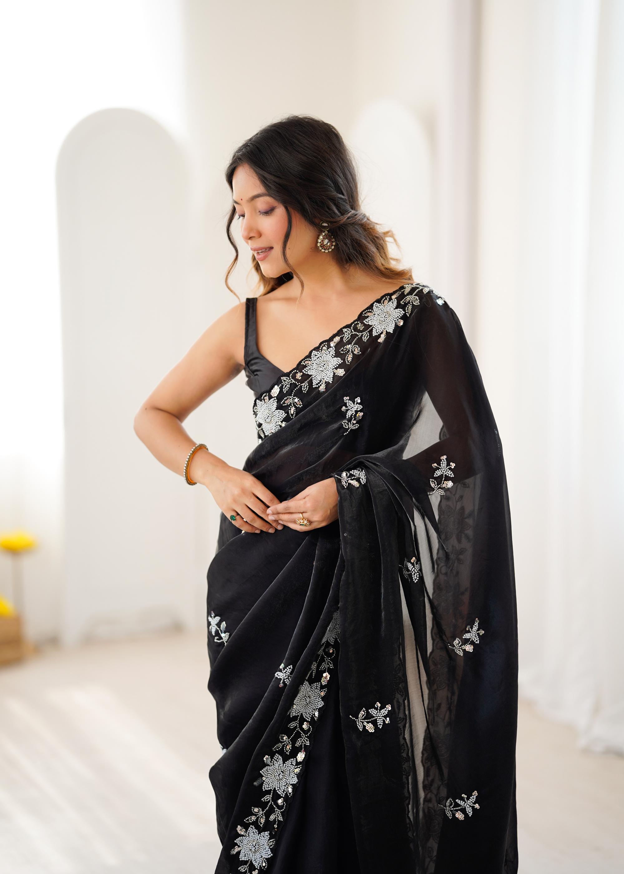 Black Fendy Satin Sequins Moti Cutdana Saree