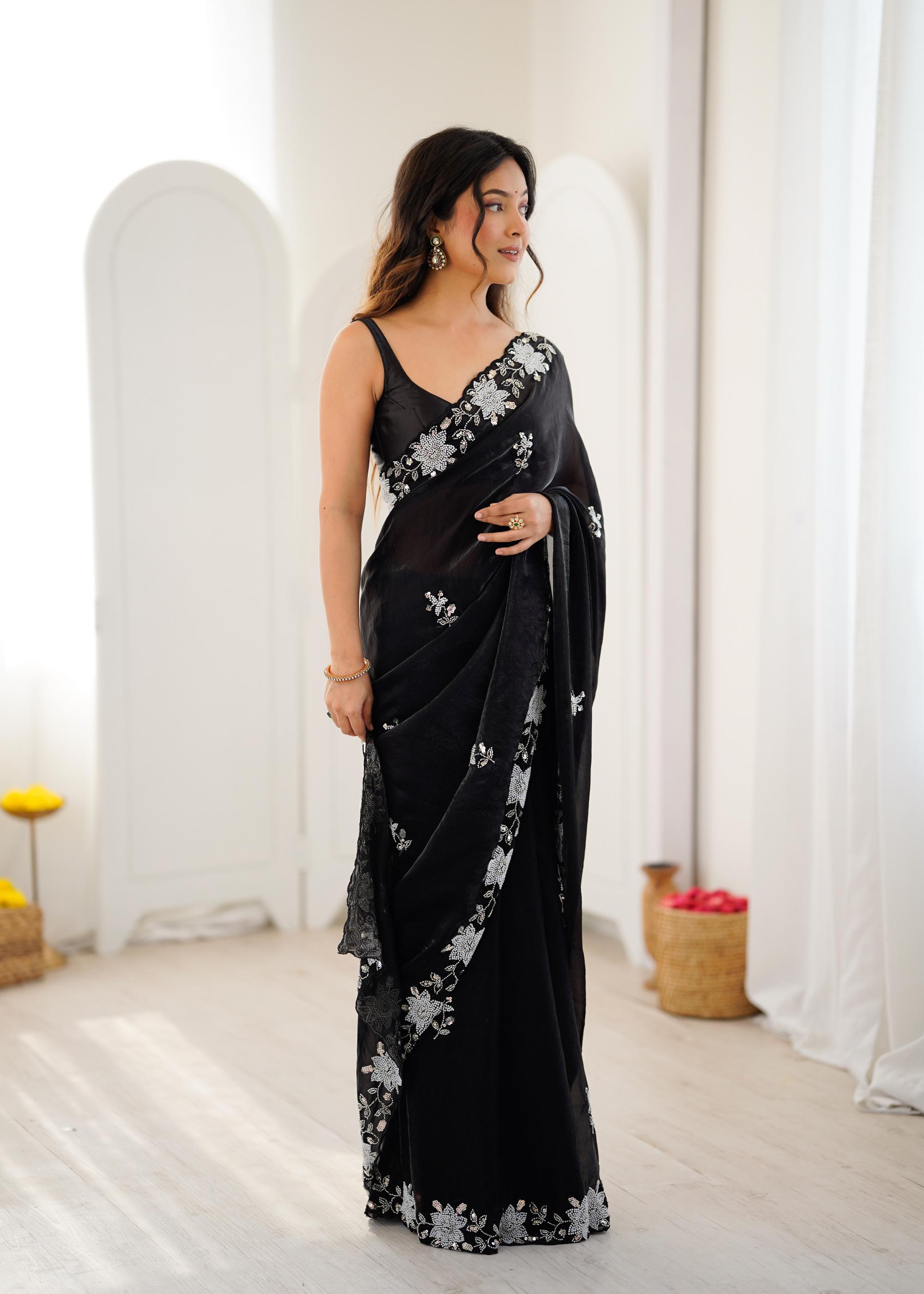 Black Fendy Satin Sequins Moti Cutdana Saree