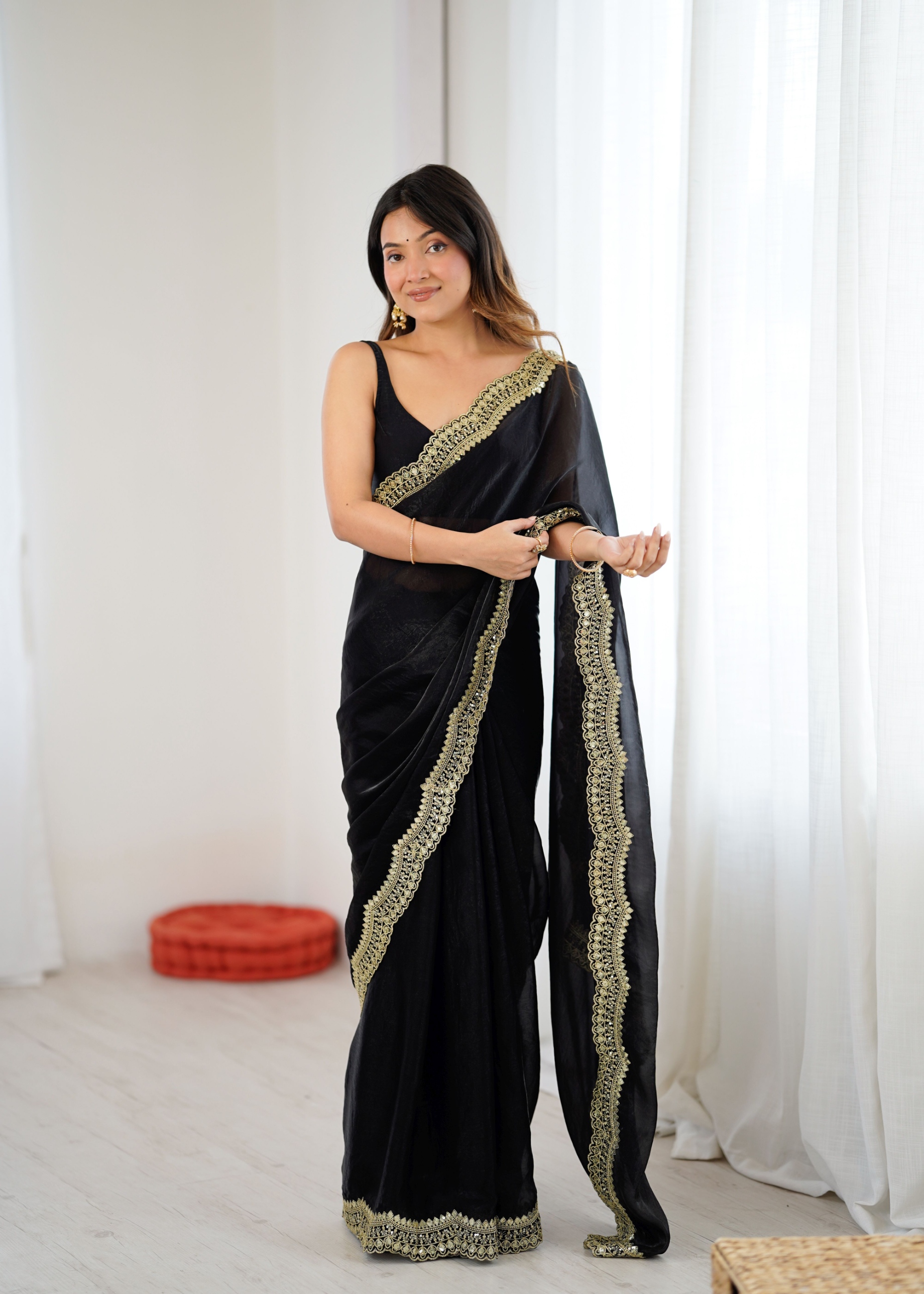 Black Fendy Satin Silk Sequin Zari Embroidered Saree