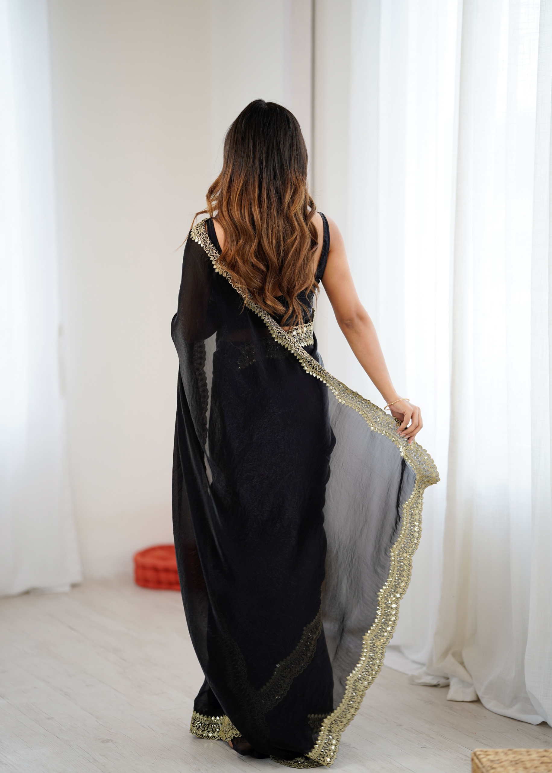 Black Fendy Satin Silk Sequin Zari Embroidered Saree — alternate view