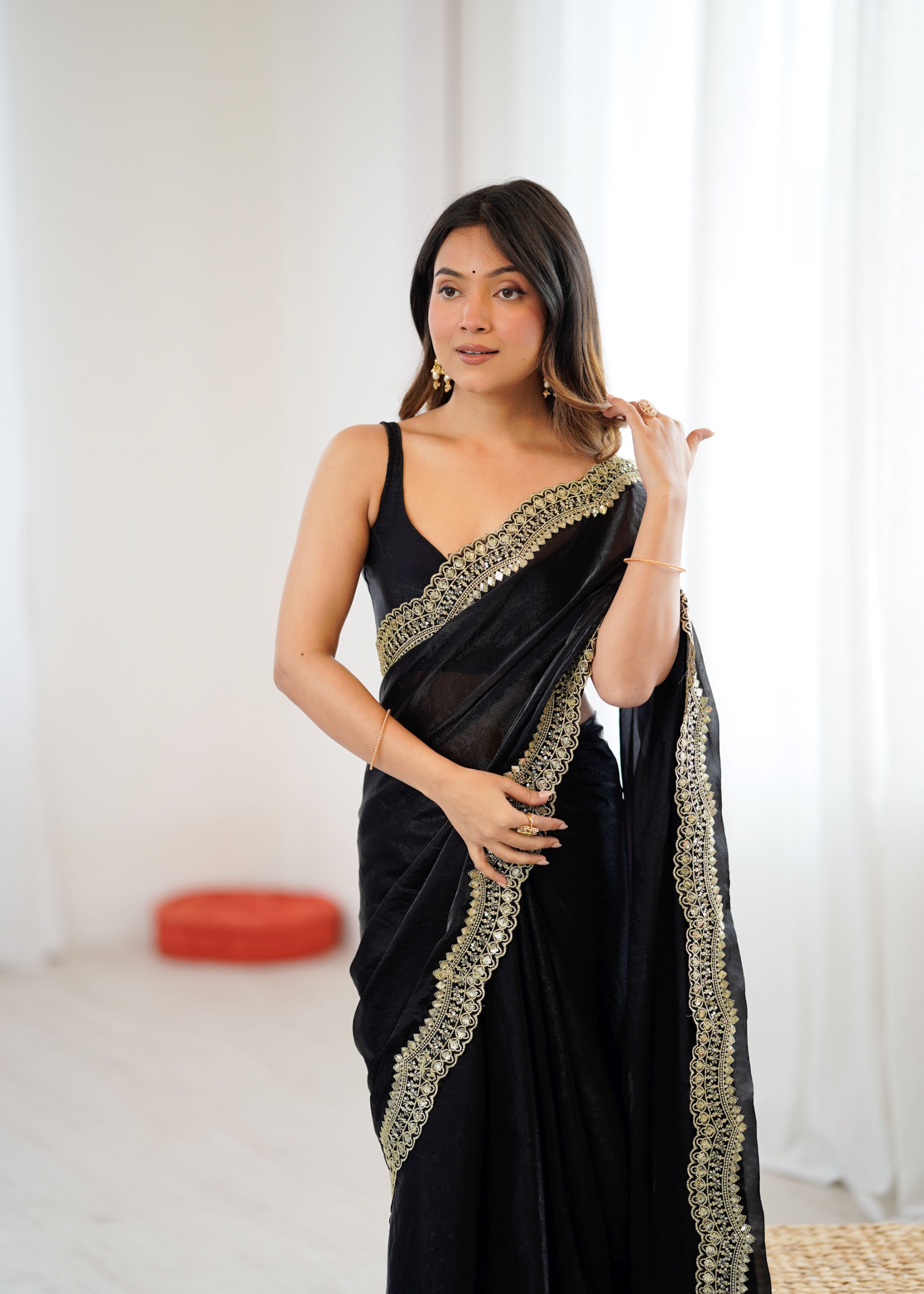 Black Fendy Satin Silk Sequin Zari Embroidered Saree
