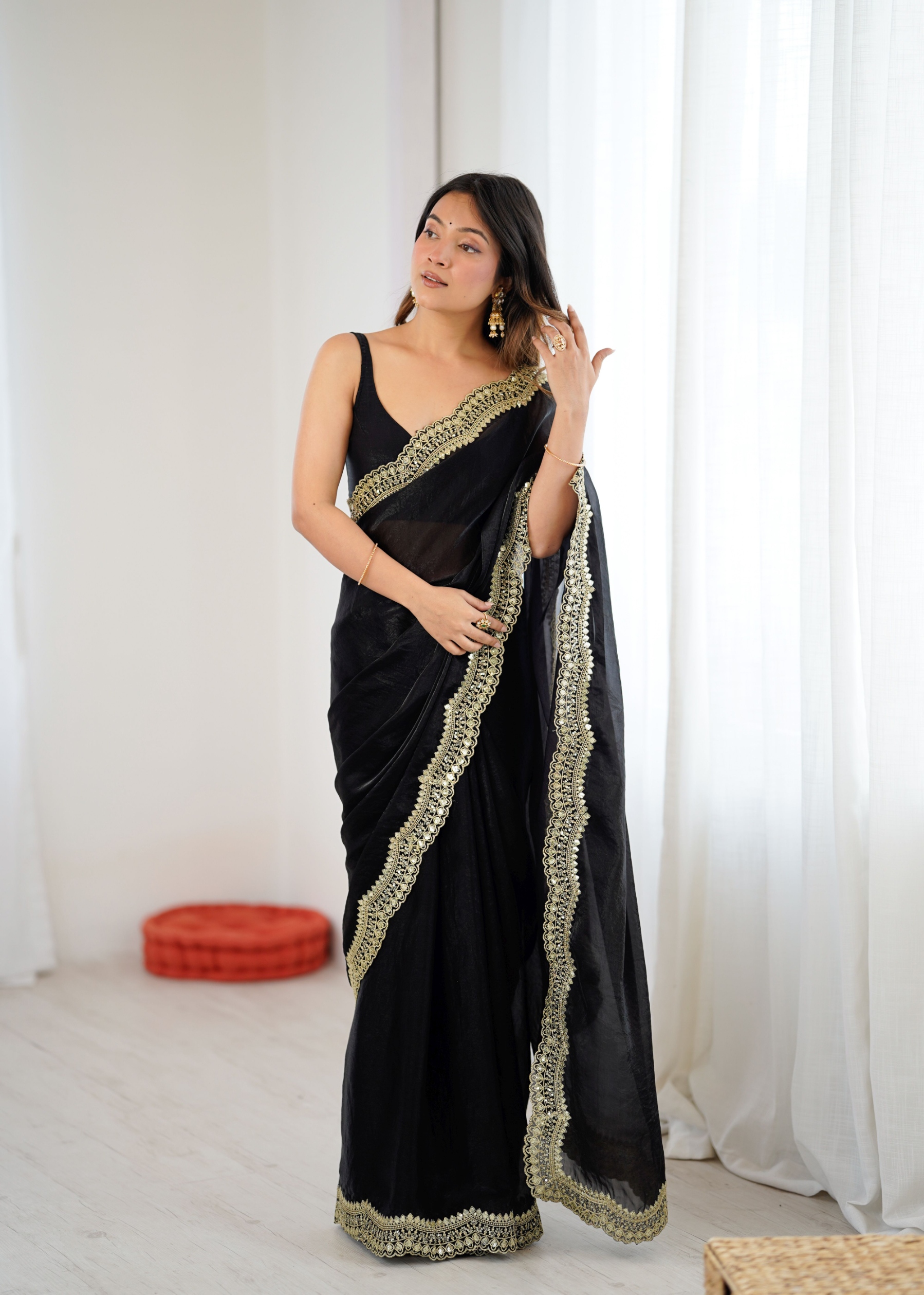 Black Fendy Satin Silk Sequin Zari Embroidered Saree