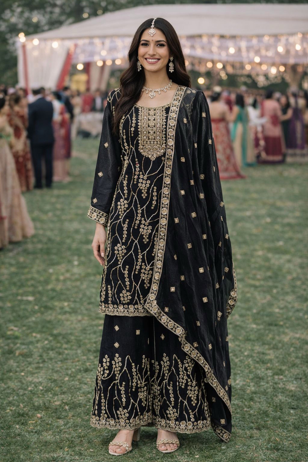 Black Fendy Silk Ornamental Embroidered Palazzo Suit