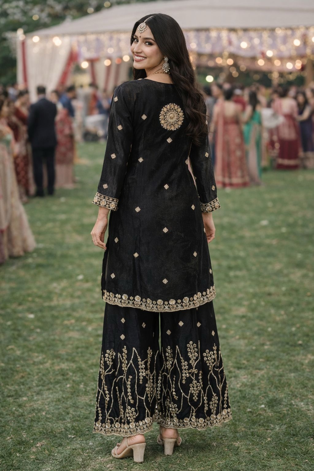 Black Fendy Silk Ornamental Embroidered Palazzo Suit