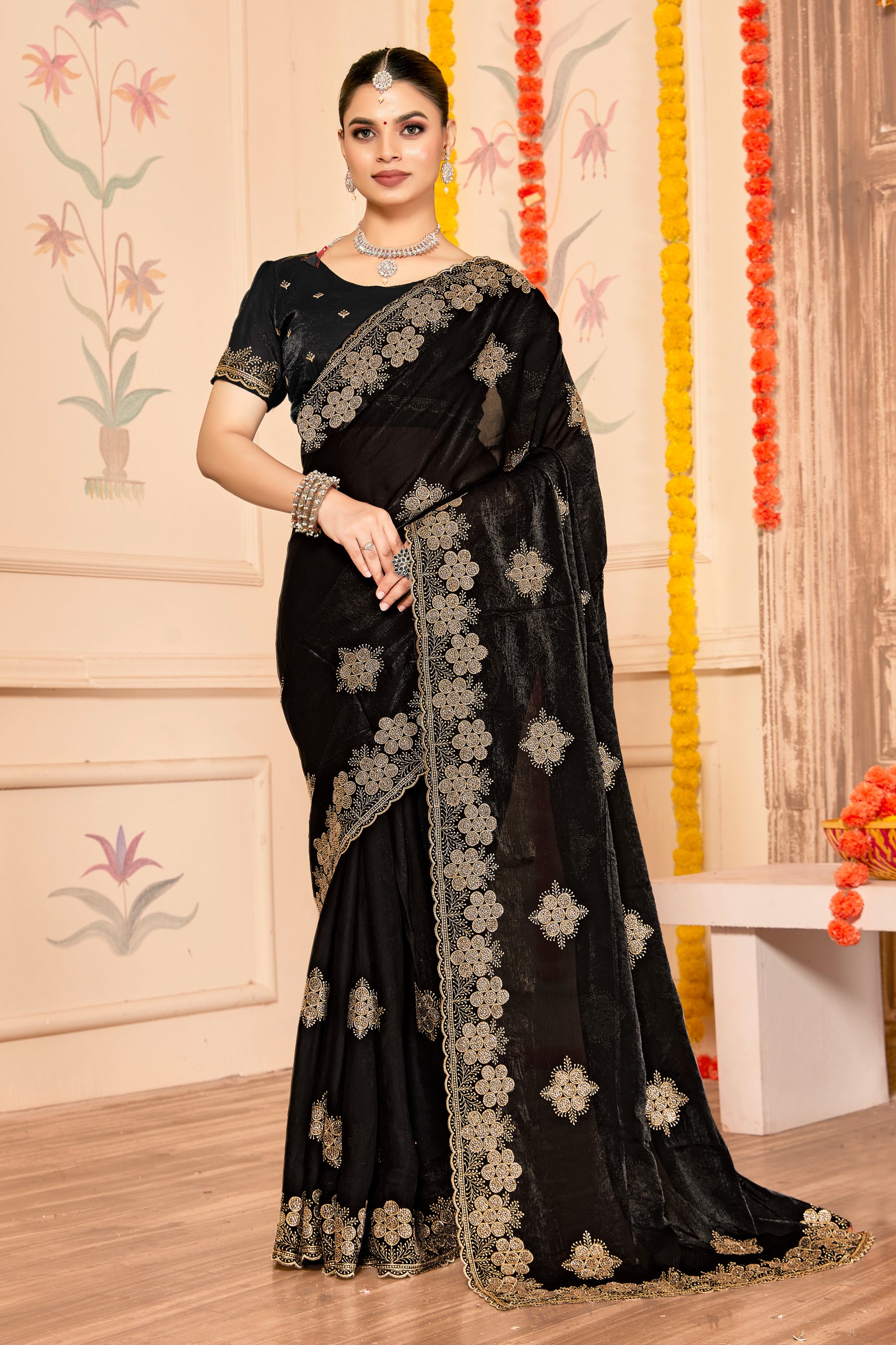 Black Fendy Silk Zari Siroski Saree