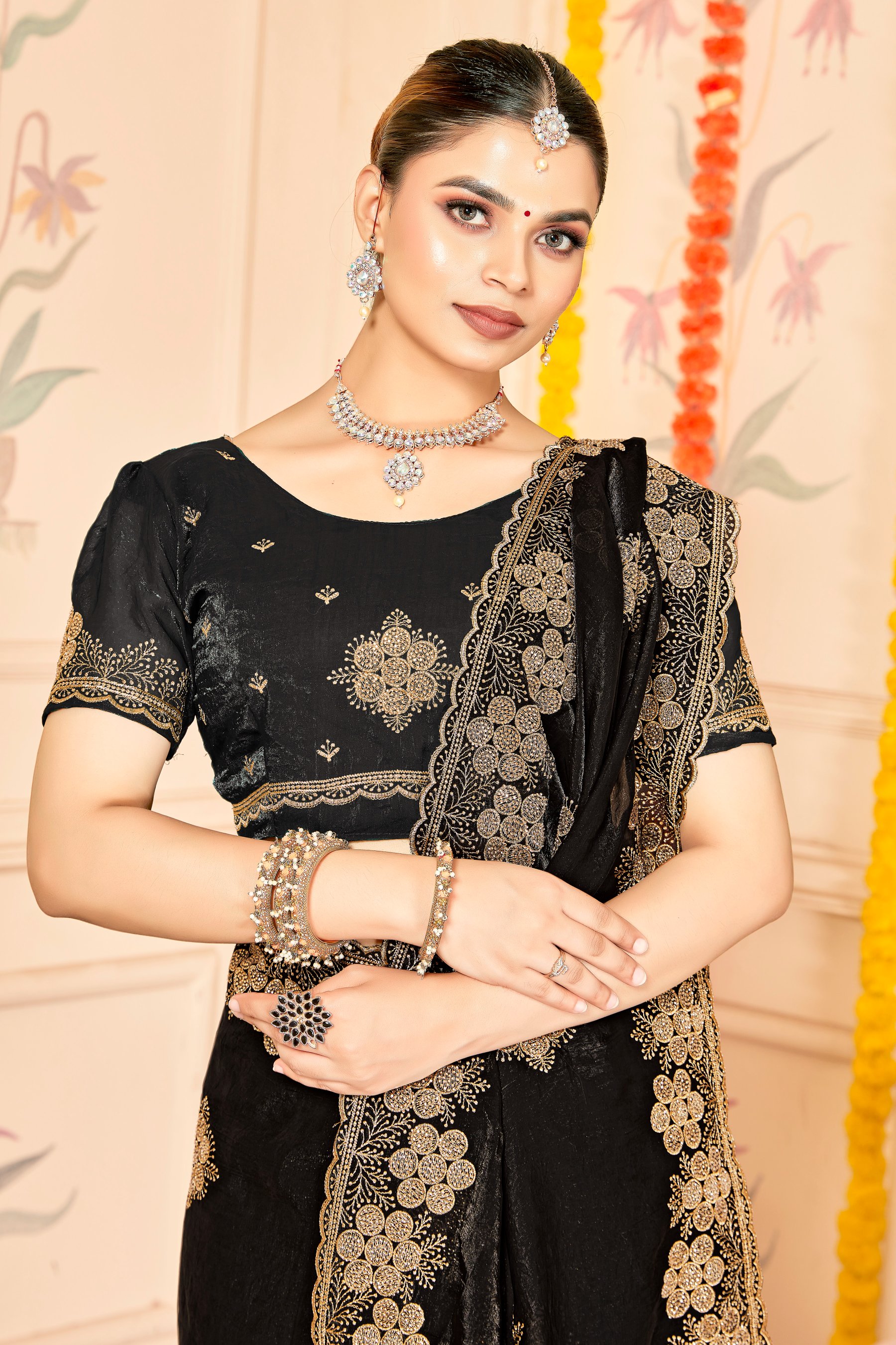Black Fendy Silk Zari Siroski Saree