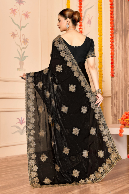 Black Fendy Silk Zari Siroski Saree