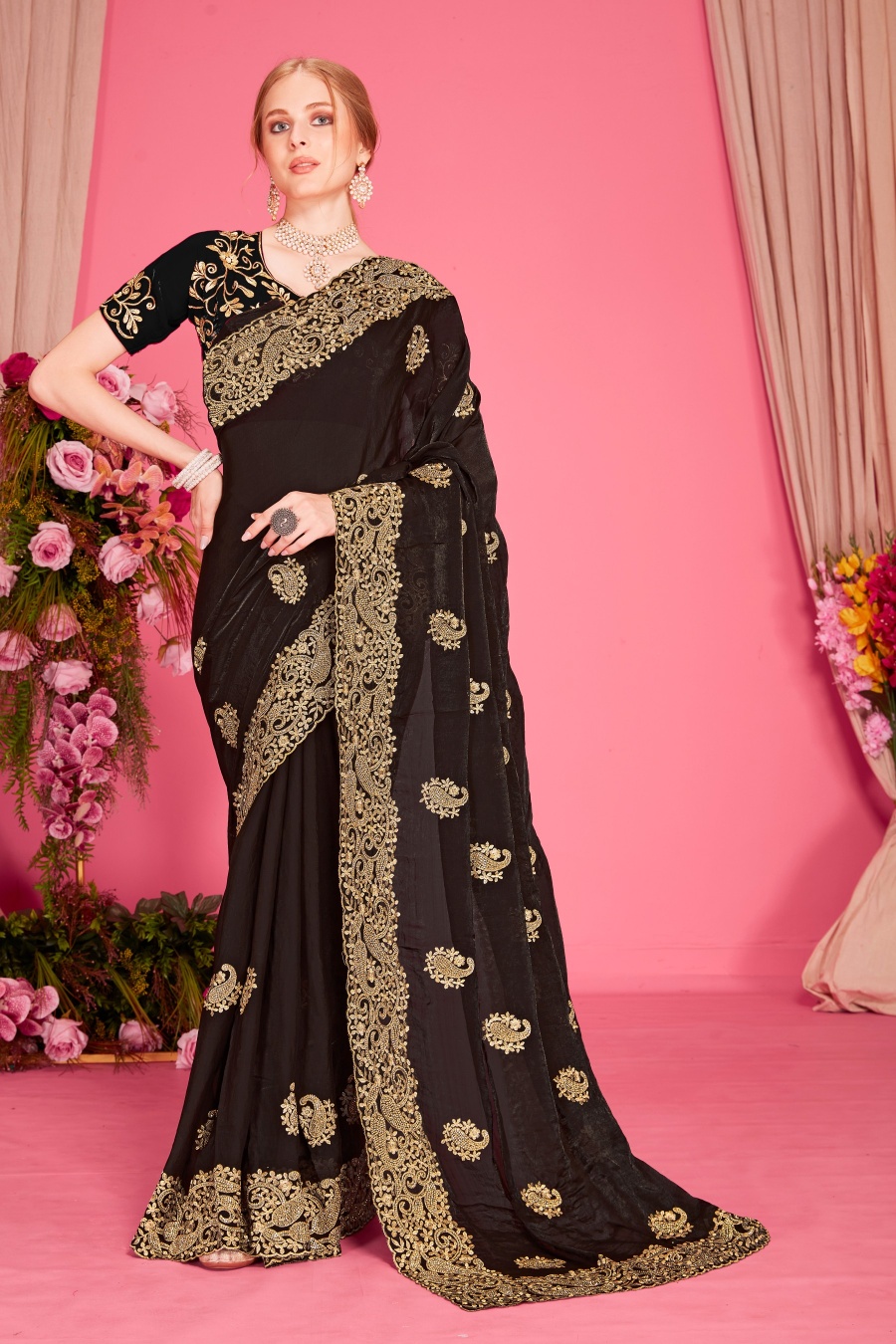 Black Fendy Two Tone Silk Heavy Zari Embroidery Zircon Work Wedding Wear Saree