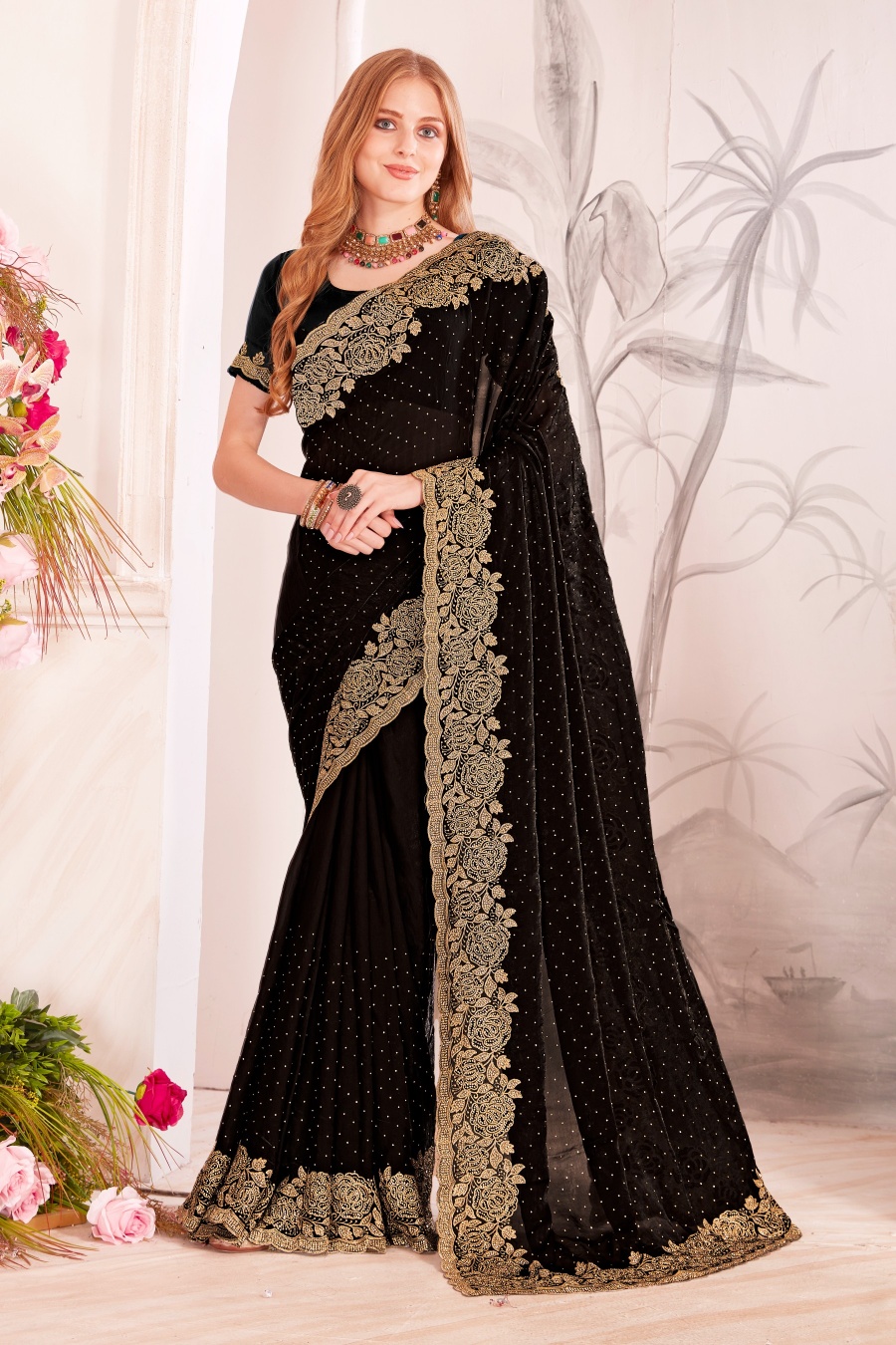 Black Fendy Two Tone Silk Heavy Zari Resham Embroidery Zircon Work Wedding Saree