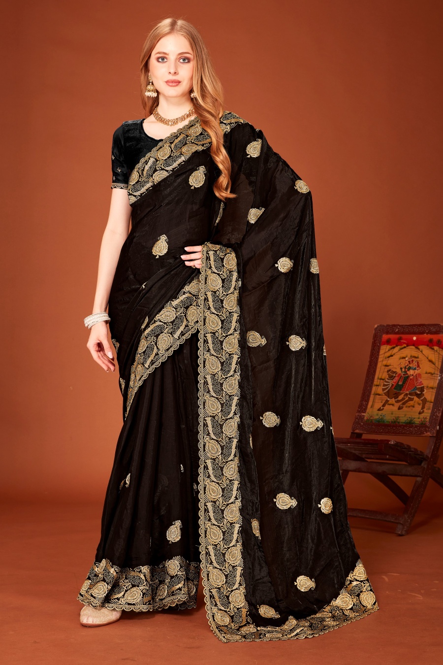 Black Fendy Two Tone Silk Zari Embroidered Saree with Zircon Work
