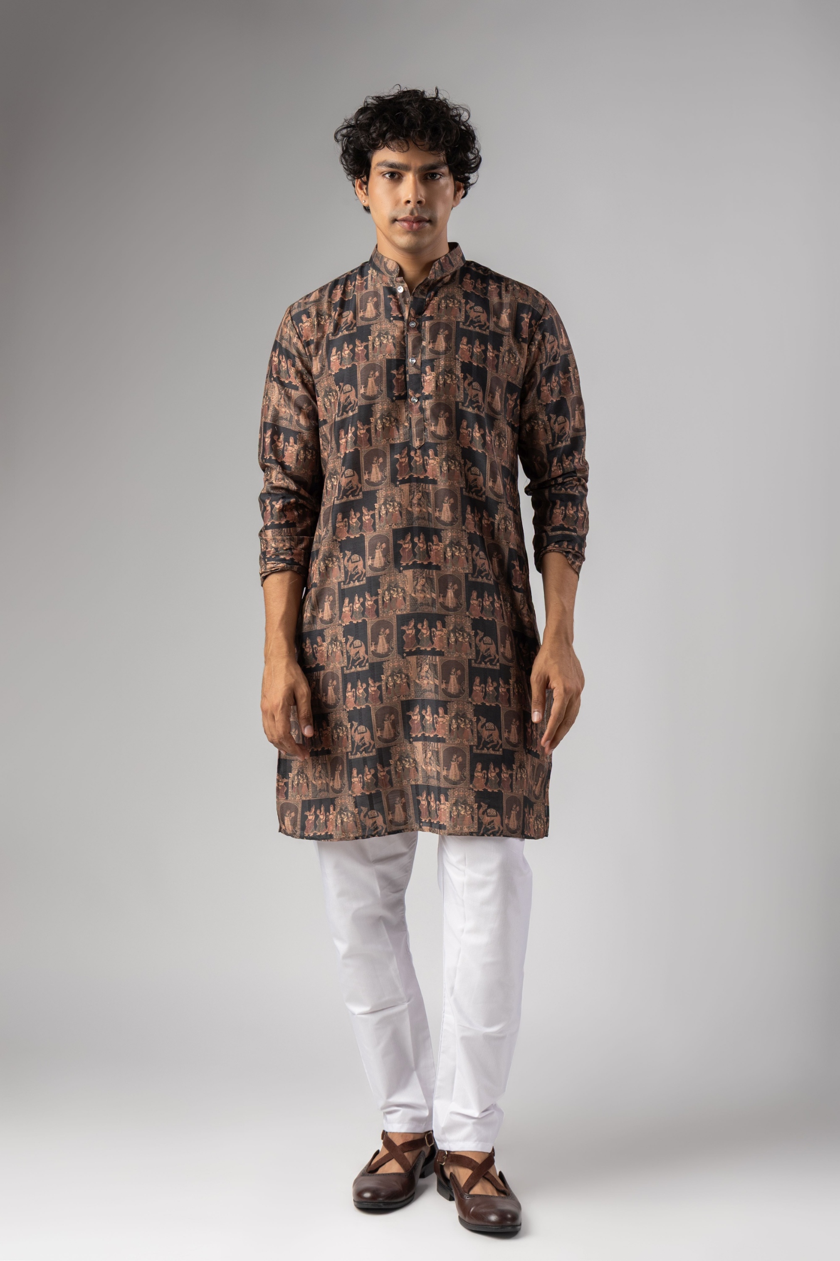 Black Figurative Woven Art Silk Kurta Pyjama