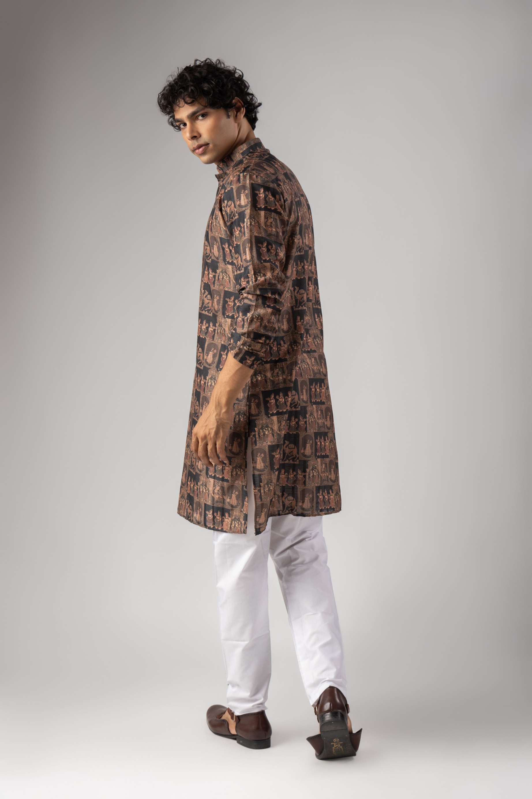 Black Figurative Woven Art Silk Kurta Pyjama