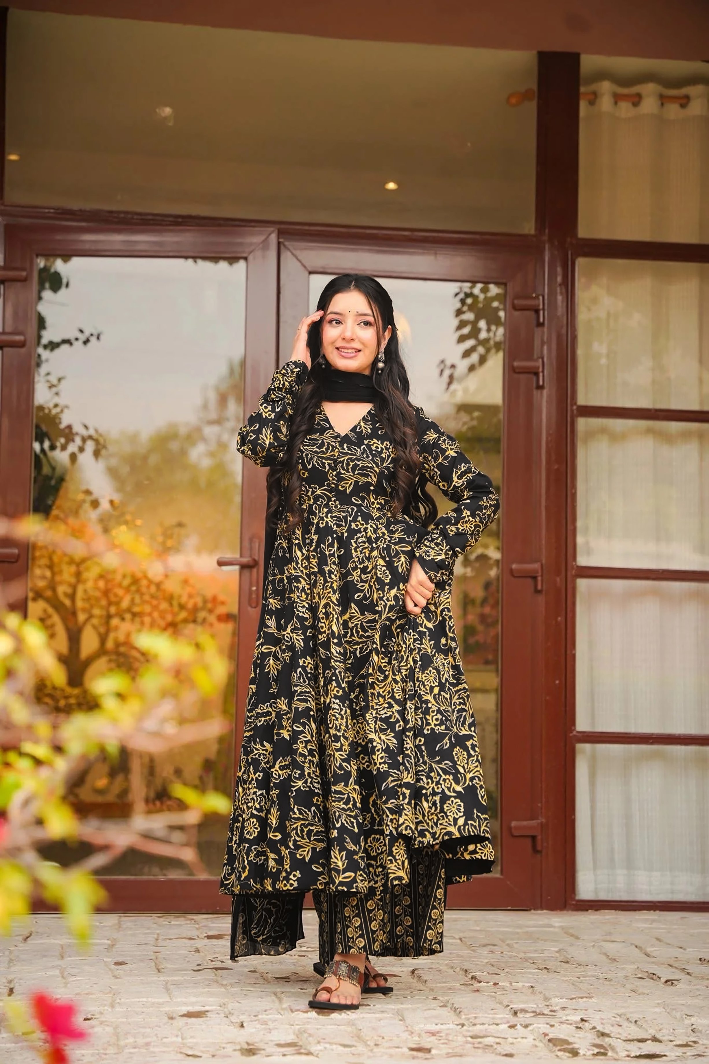 Black Floral A-Line Palazzo Suit